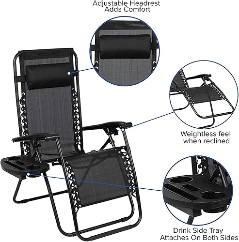 Miniatura 6 de Flash Furniture Celestial - Sillón reclinable de malla plegable ajustable de gravedad cero con almohada y bandeja portavasos, color negro, juego de 2
