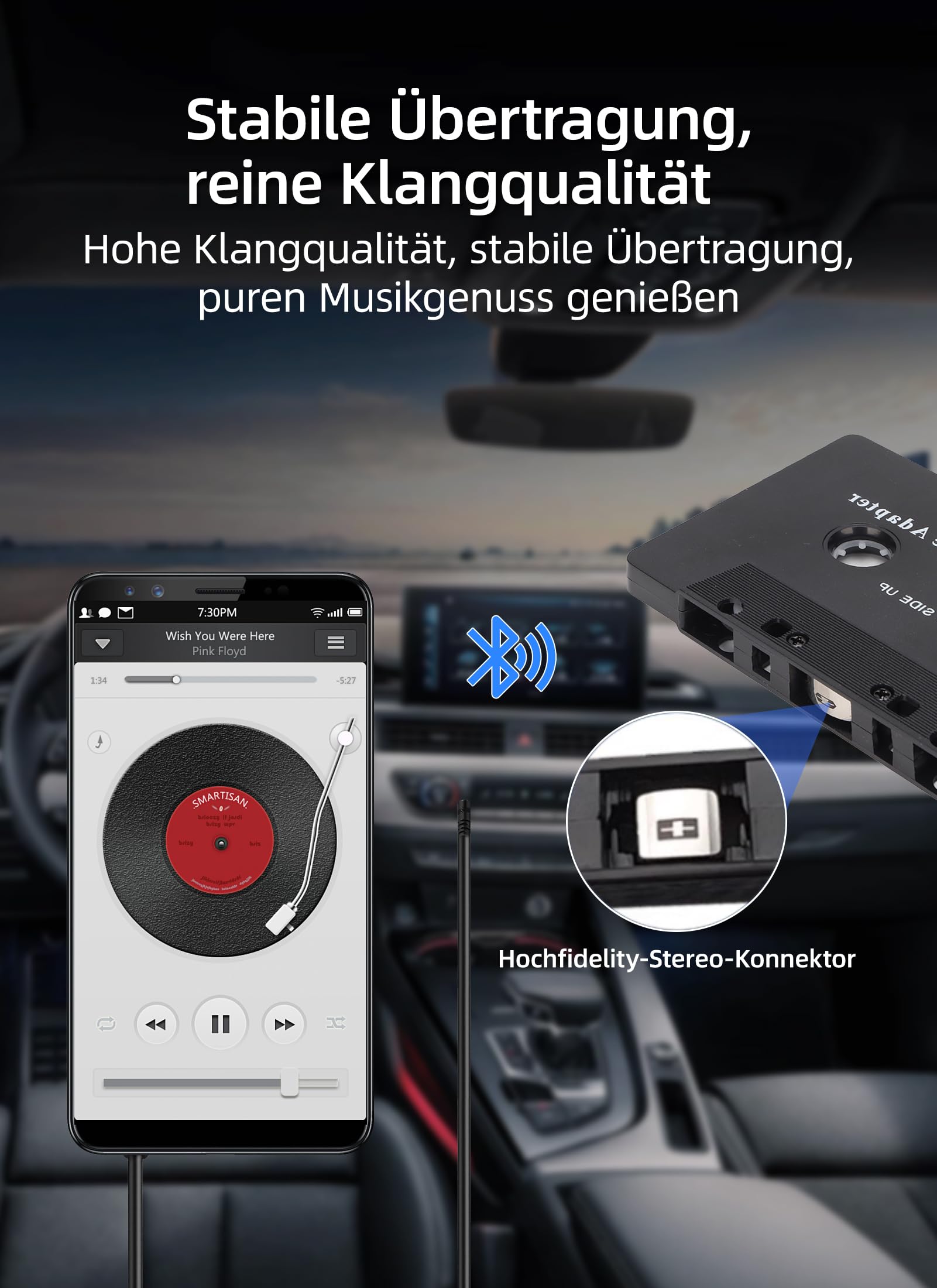 Bewinner Auto Audio Bluetooth Kassettenadapter, Rauschunterdrückung, Stereo High Fidelity Band Aux Empfänger für Auto Tablet