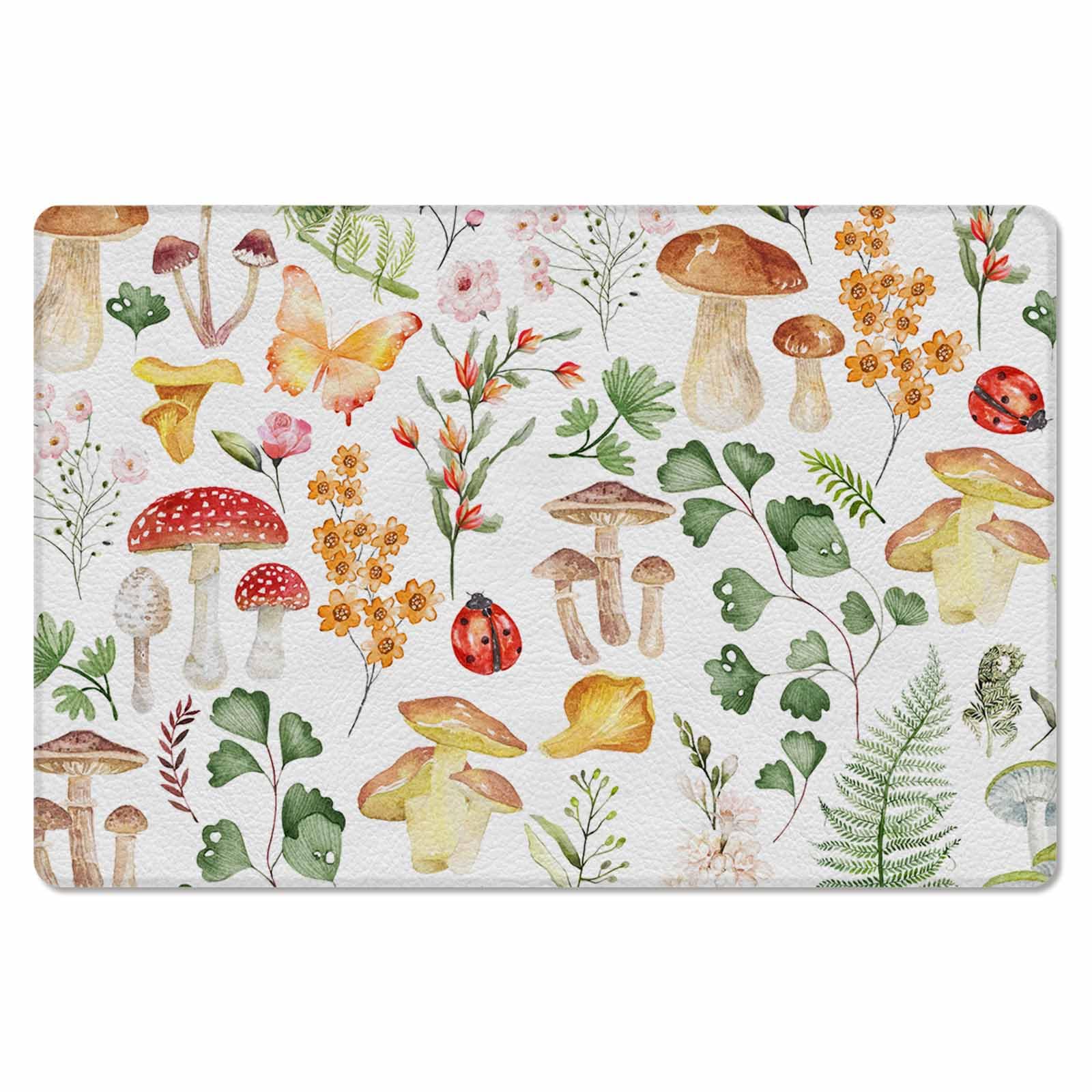 Botanical Mushroom Antifatigue Kitchen Bath Door Mat Cushioned Runner Rug,Washable Welcome Floor Sink Mat,Waterproof & Non-Slip Standing Doormat for Kitchen,Spring Wildflower Leaves Watercolor 18