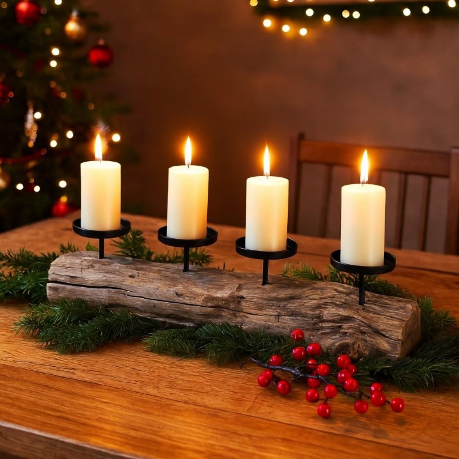 Adventskranz aus Treibholz mit schwarzen Kerzenhaltern aus Metall - länglich, modern und natürlich - Weihnachtsdekoration