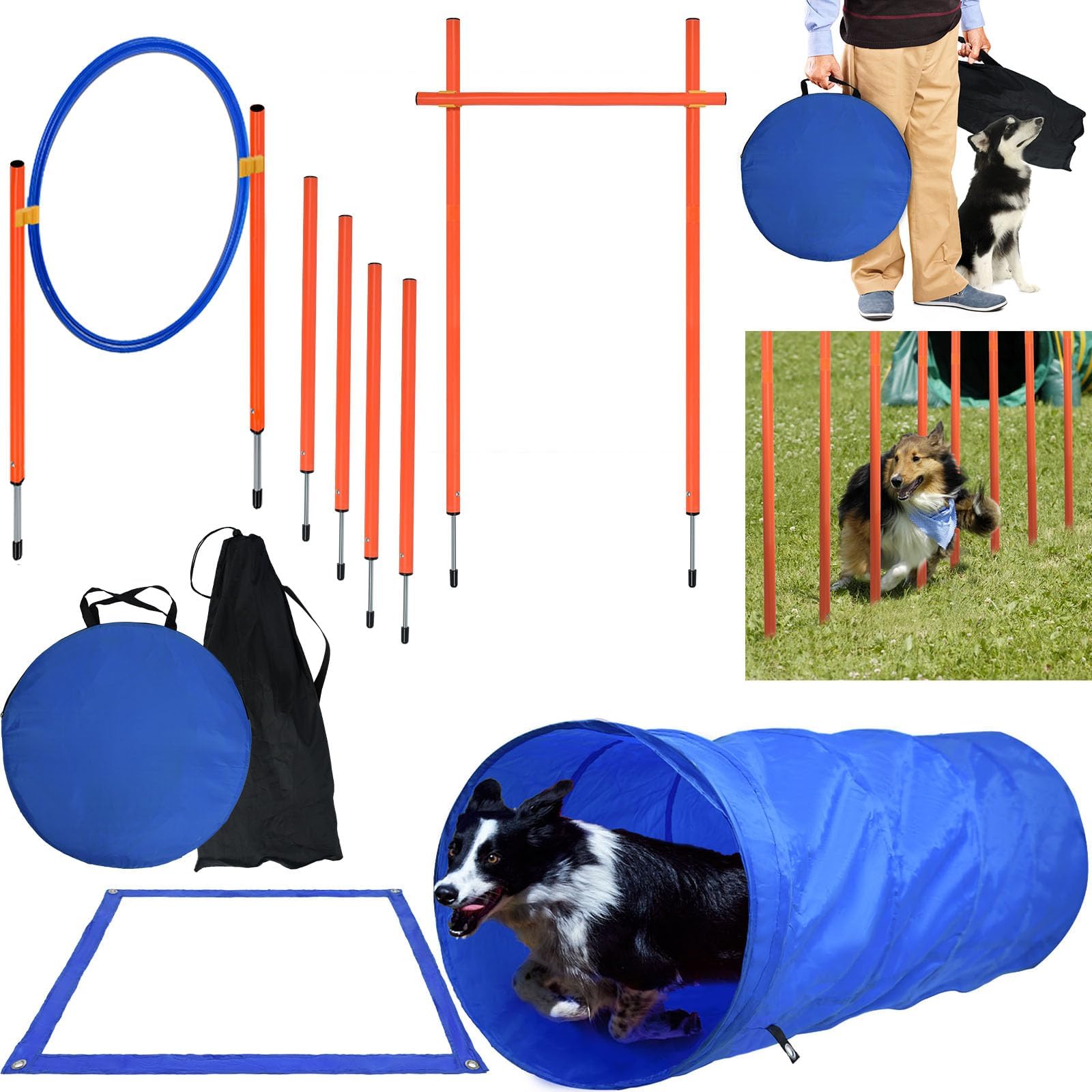 Agility Set für Hunde Trainingsset mit Hundetunnel, Höhenverstellbare Hürden, Hindernisse, Sprungring und Stangen, Haustier-Trainingsset inkl. Tragetasche für Hundesport, Indoor & Outdoor