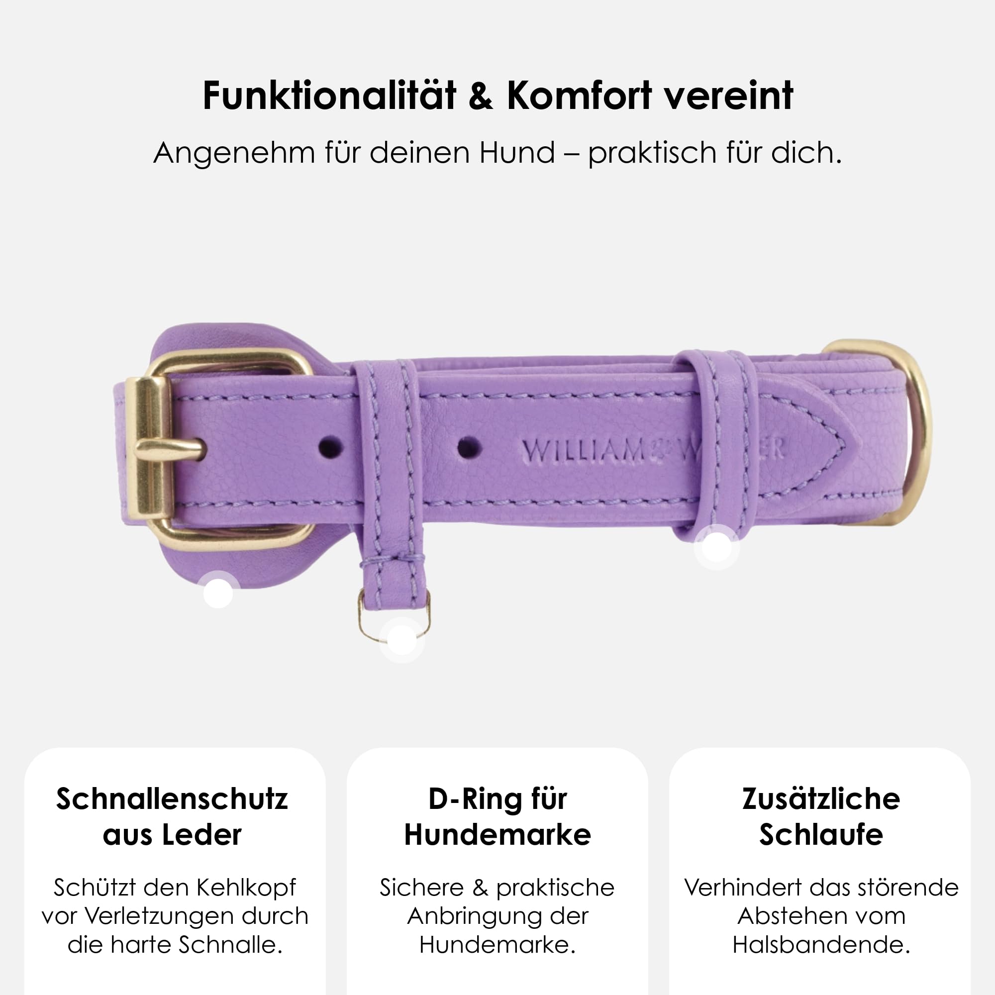 Leder Hundehalsband mit optimaler Passform, William Walker, aus Echtleder,  verstellbar, weich gepolstert, robust, pflegeleicht, Lavender (Lila), Gre  M : Amazon.de: Haustier