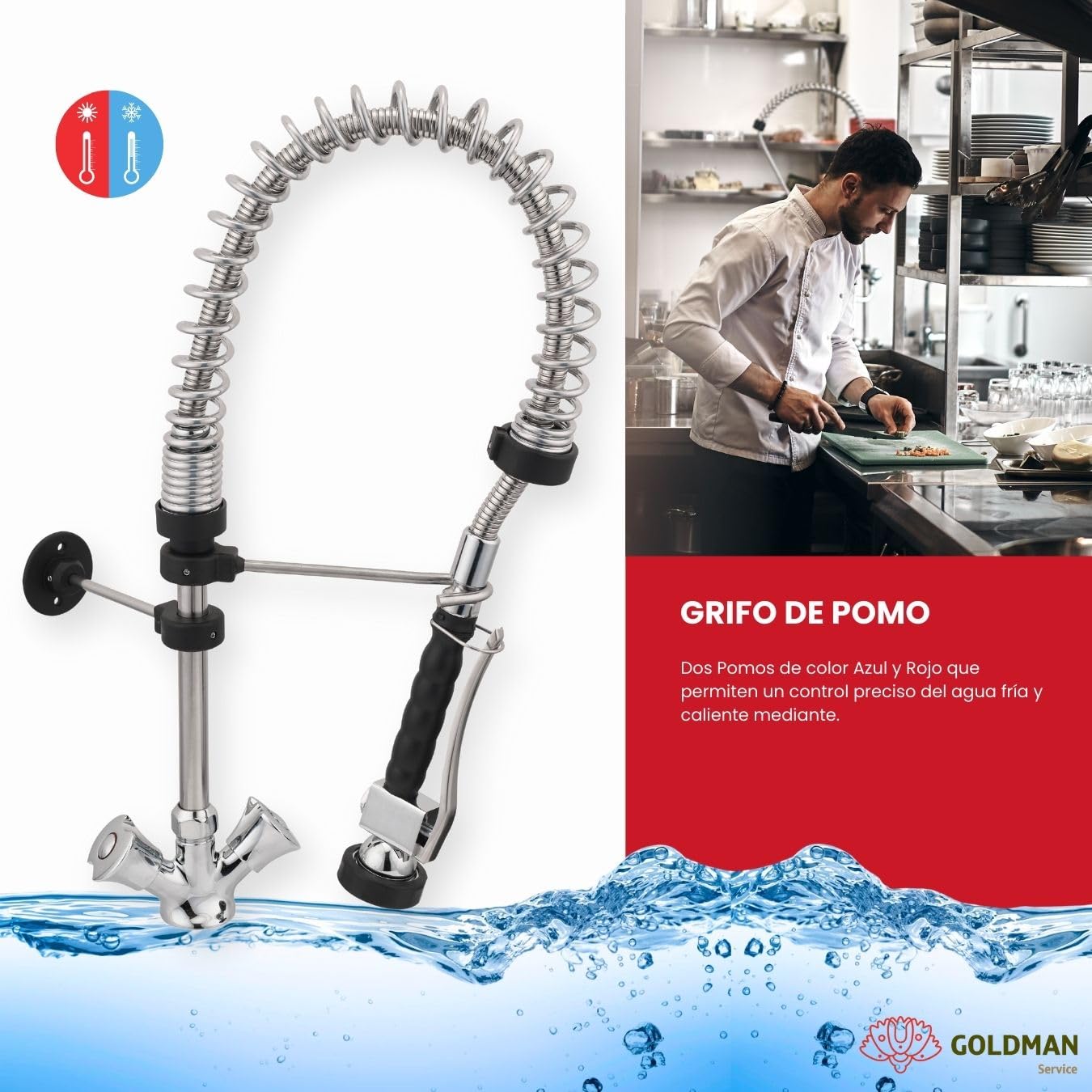 GOLDMAN SERVICE | Grifo Pomo Extensible para Fregadero Lavabo de Cocina con Spray Ducha. Usos Industrial Hostelería y Hogar