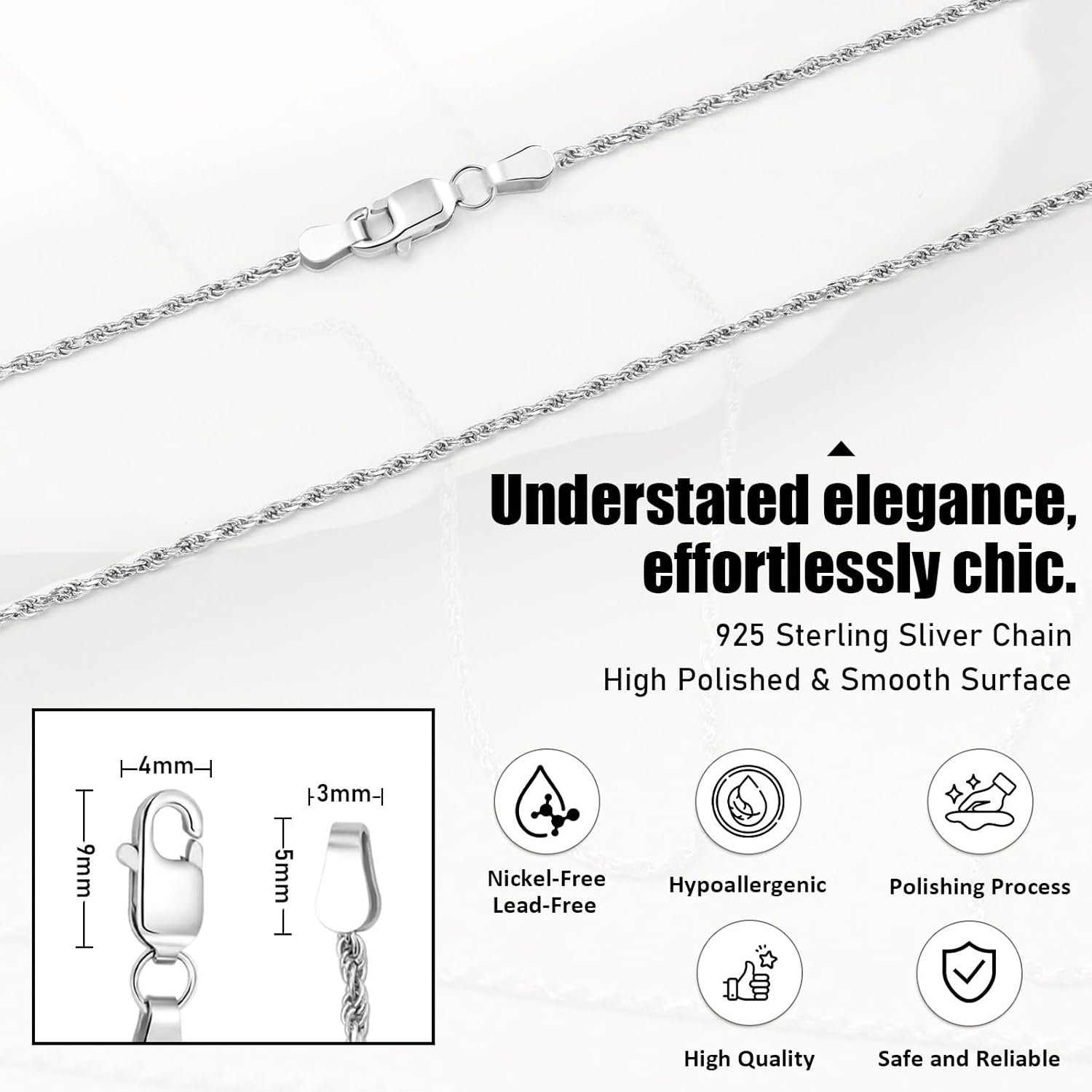 925 Sterling Silver Rope Chain Necklace for Women, 1.2mm Minimalist Silver Chains Necklaces Lobster Clasp Hypoallergenic Delicate Jewelry Gifts 16/18/20/22/24 Inch - Image 3