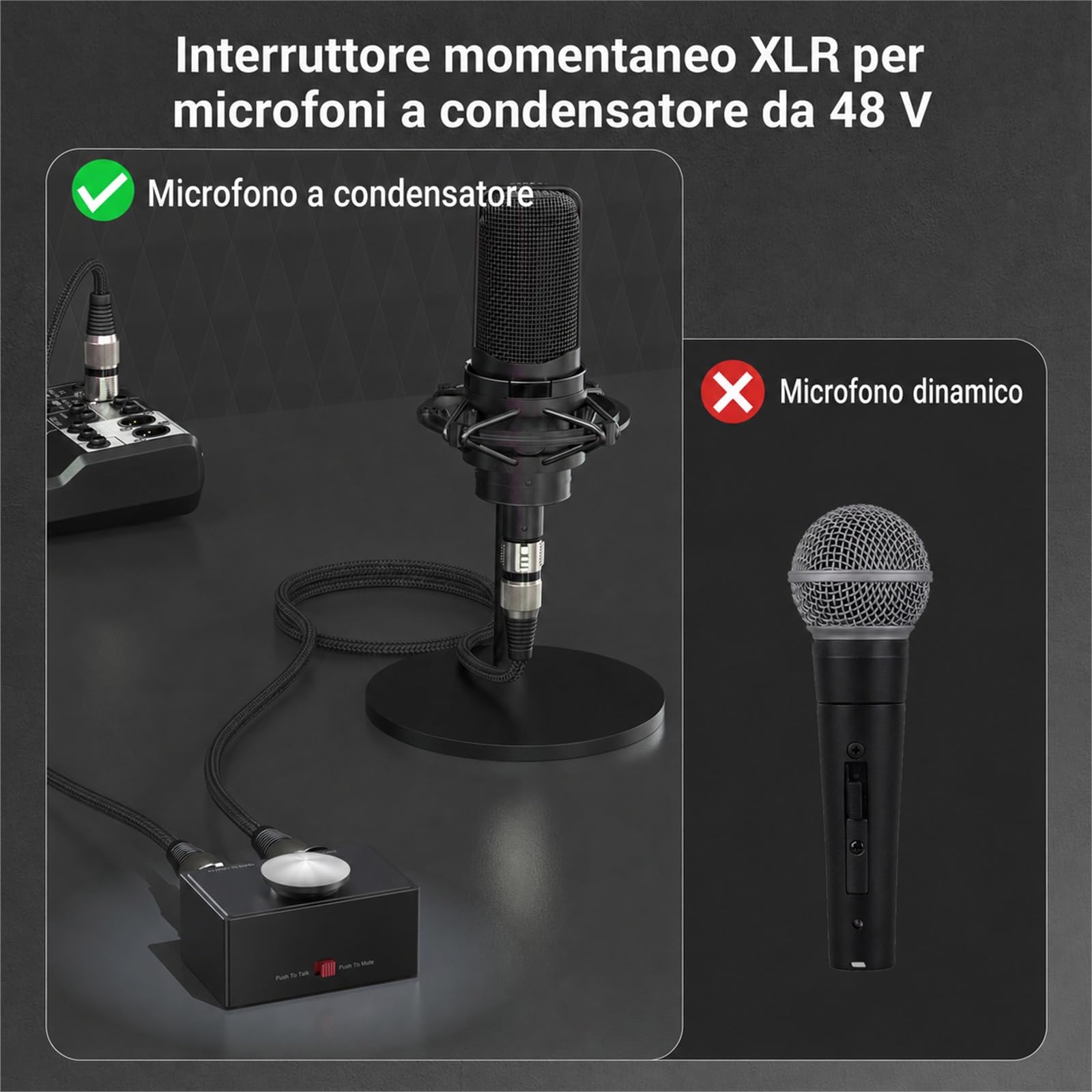 Cubilux Interruttore Mute Microfono XLR PTT/PTM con LED Podcast | Passa tra Push to Talk e Push to Mute, con stato LED, pulsante momentaneo e robusto corpo XLR in alluminio.