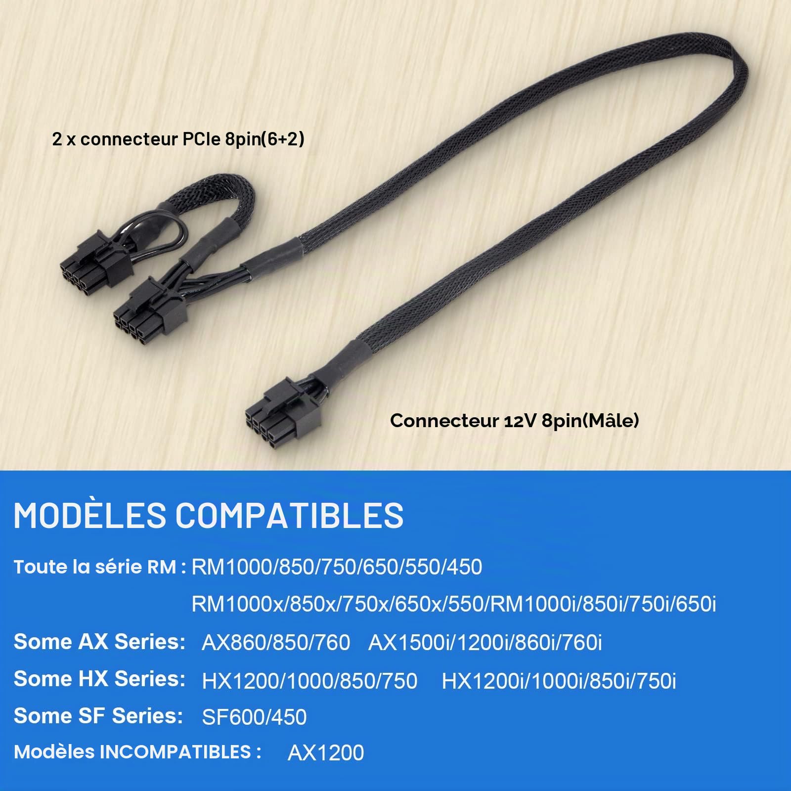 Câble PCIE pour Corsair, PSU 8Pin mâle vers double PCIe 8Pin (6+2) mâle Câble d'alimentation pour Corsair Modular Power Supply RM/HX/CX-M Series