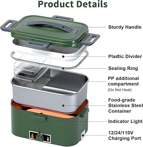 Miniatura 3 de Lonchera eléctrica con calefacción para adultos, 100W 3-EN-1 Paquete de 2 contenedores de 1.8L, lonchera con calefacción para hombres, portátil de