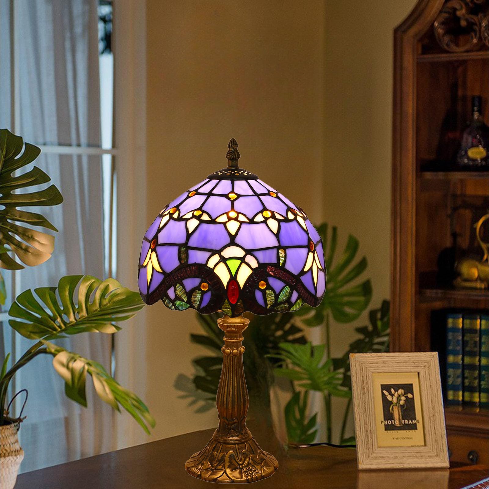 Tiffany Tischlampe, Kleine Retro Lampe, Deko Tischleuchte Nachttischlampe, Handcraft Bunte Glas Lampenschirm, für Schlafzimmer Wohnzimmer Büro