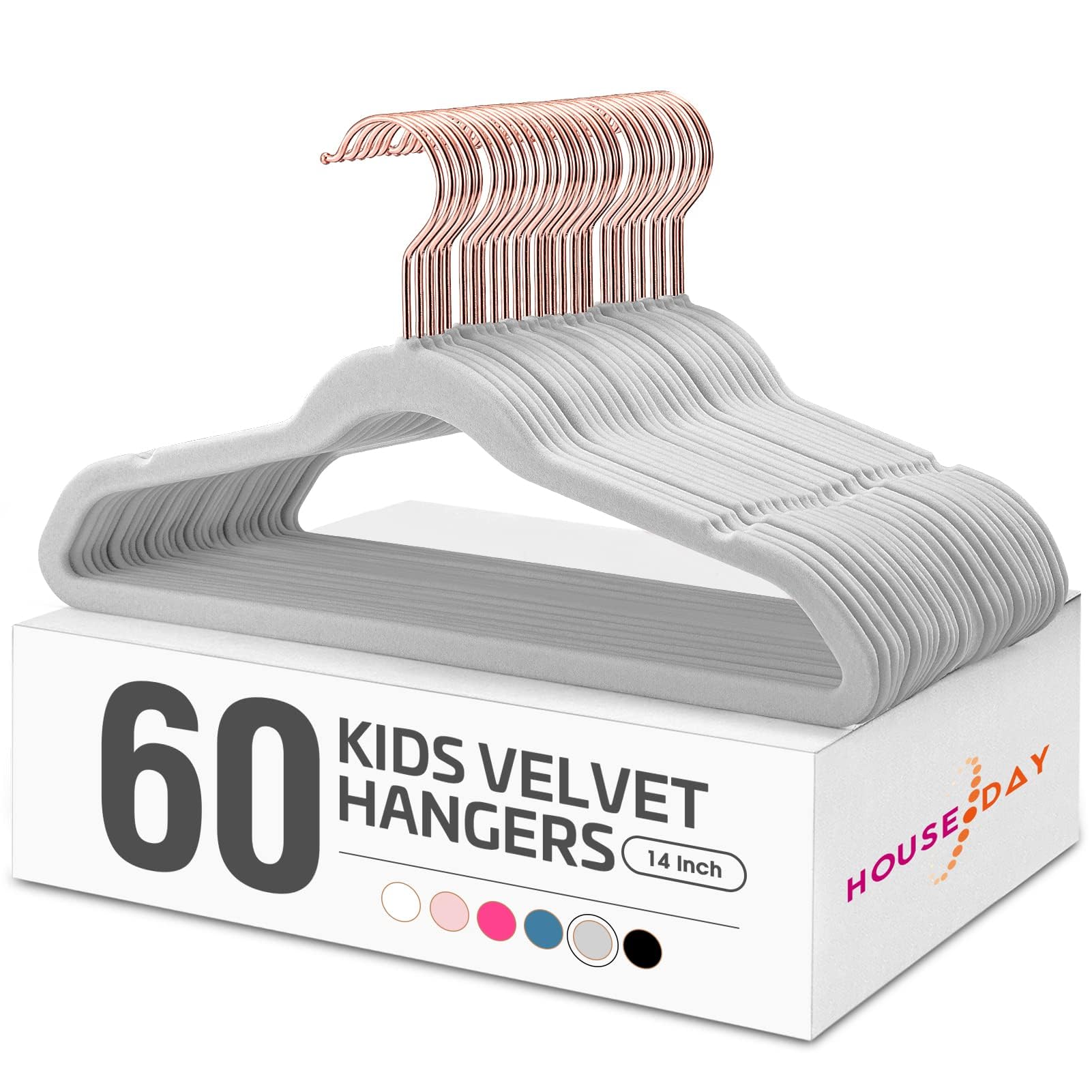 HOUSE DAY Velvet Kids Hangers 60 Pack, Premium Childrens Hangers for Closet, Ultra Thin Cute Hangers Kids Clothes Hanger, Non Slip Kids Felt Hangers 14 Inch, Small Hangers for Kids Clothes, Grey