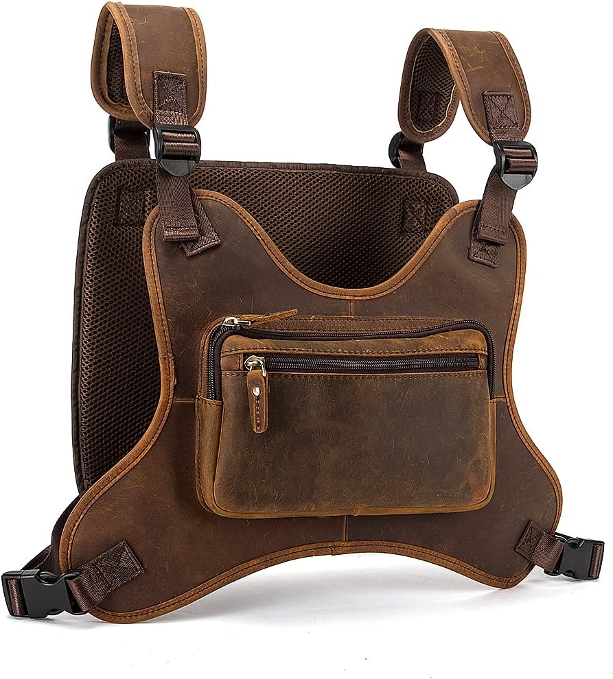 Le'aokuu Hands Free Tactical Chest Rig Bag Walkie Talkie Vest Harness Radio Holster Holder for Men 291 (Brown)