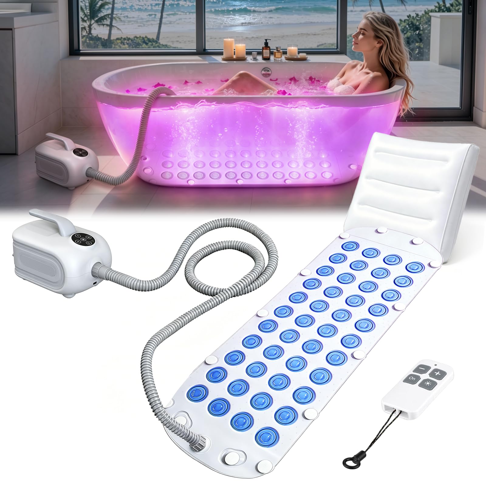 Tapis de Bain Spa à Bulles avec Lumières LED, Tapis de Baignoire avec Coussin Gonflable et Télécommande, Massage à 6 Intensités, 368 Jets de Bulles, Ventouses Antidérapantes, Faible Bruit