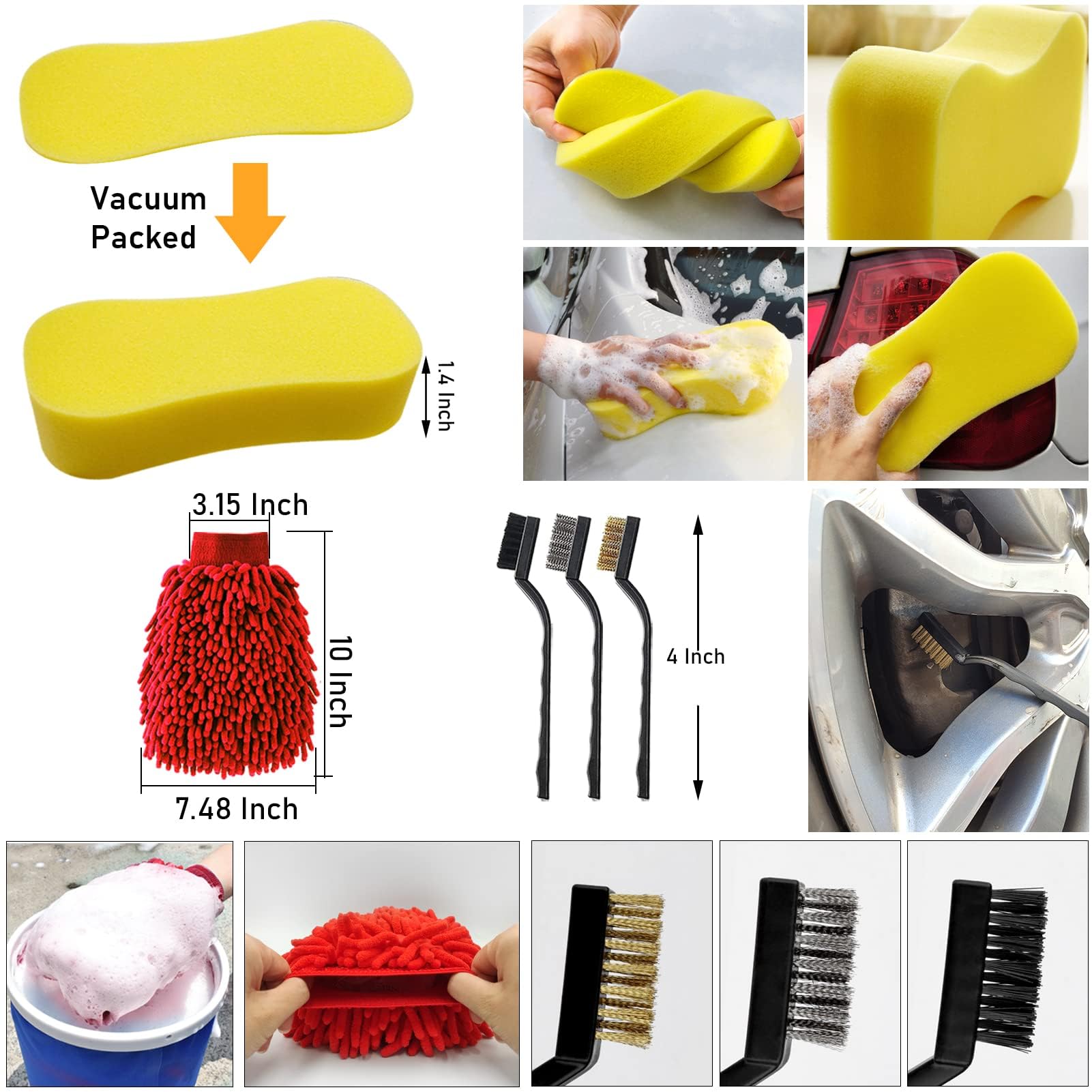 Yumzeco 46er Auto Reinigung Bürsten Pinsel Set, Detailing Reinigungsbürsten Set, Felgenbürsten fürs Auto, Detailingbürste, Polierpad Set, Reinigungsgel, Drahtbürste, Waschhandschuh, Polierkegel