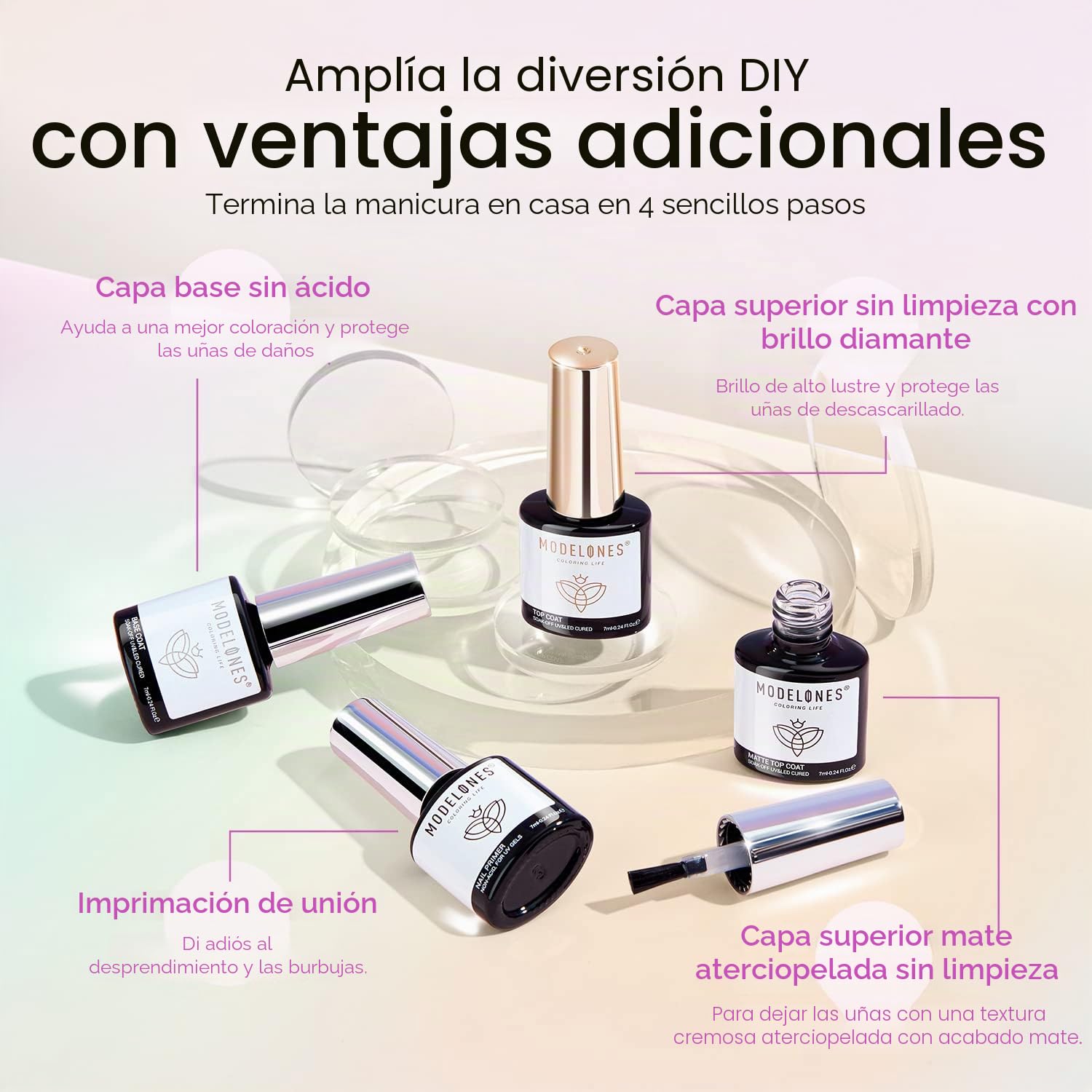 Modelones 40Pcs Esmalte de uñas de gel, 36Pcs Pastello Dreamy Collection Macaron Glitter esmalte de uñas de gel pastel Soak Off de verano, 4Pcs Nail Primer Base Matte Glossy Top Coat