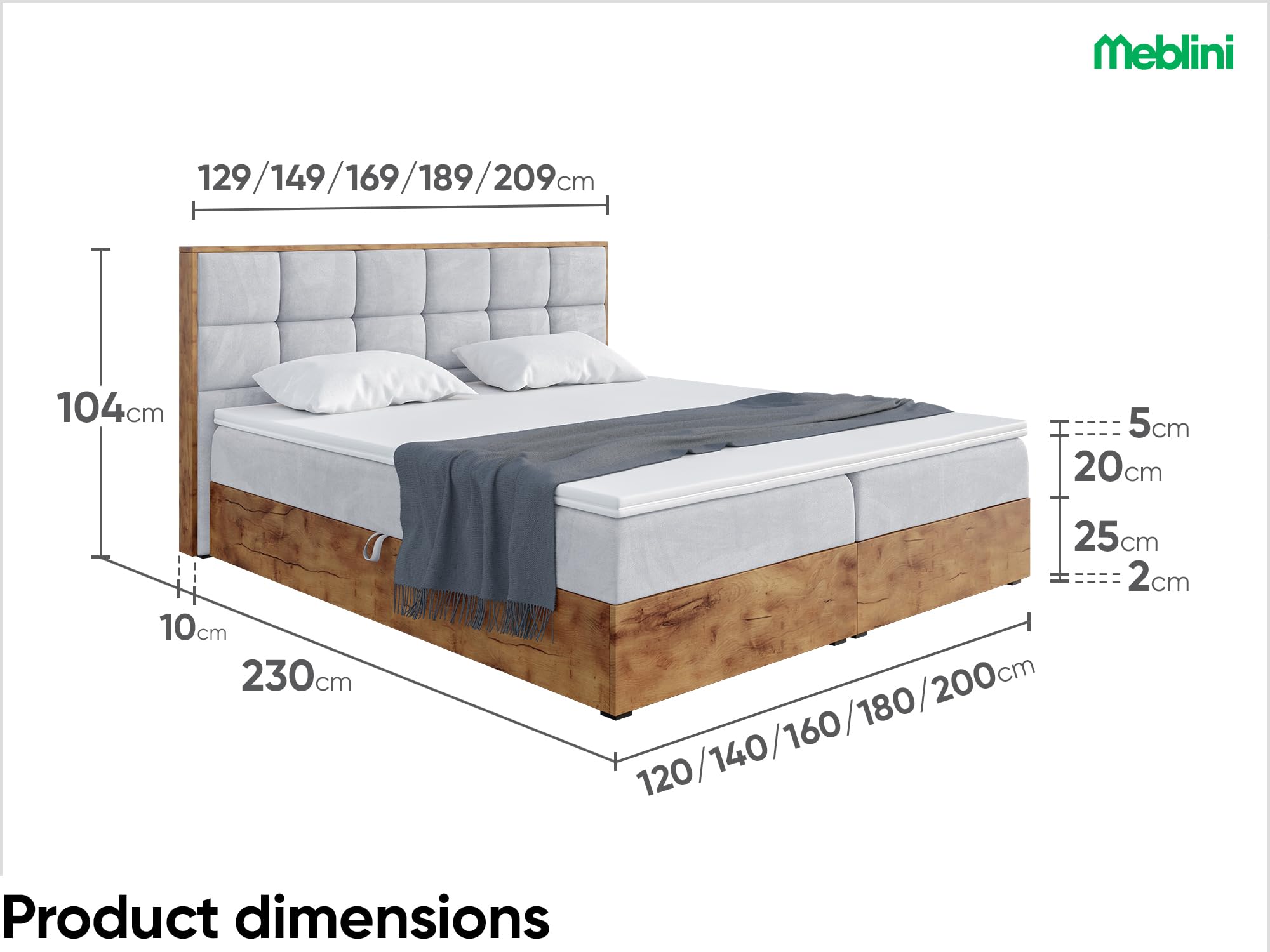 MEBLINI Boxspringbett mit Bettkasten - Gepolstert Doppelbett mit Matratze und Topper - Polsterbett mit Stauraum - Bett mit Kopfteil - Stauraumbett - Lofty 1-160x220 - H4/Hellgrau Samt