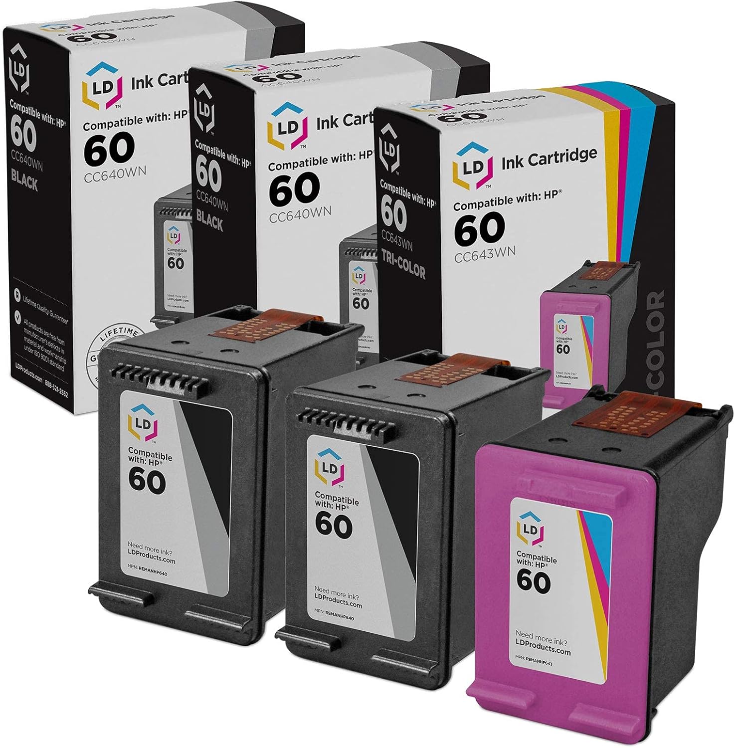 LD Products Remanufactured Compatible Ink Cartridge Replacement for HP 60 (3 Set - 2 Black 1 Tri Color) for use in HP Photosmart, Envy e All-in-one, and Deskjet Printers