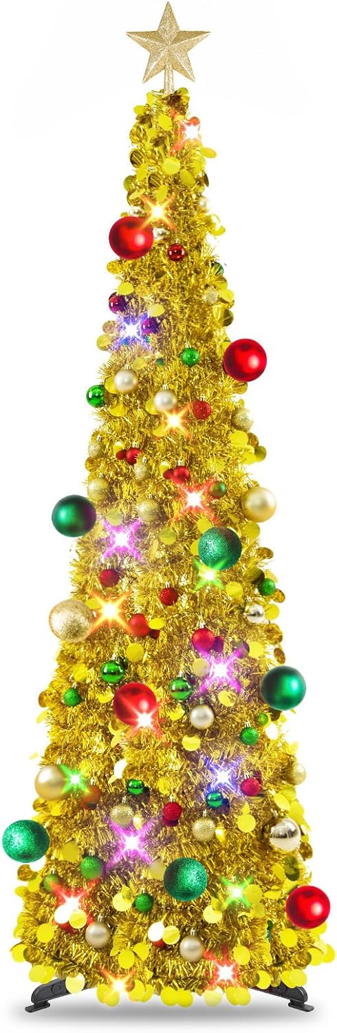 N&T NIETING Pop Up Christmas Tree with Lights & 30 Balls, 5Ft Collapsible New Purple Tinsel Xmas Tree Decorations, Pencil Christmas Tree Skinny Tree for Holiday Xmas Home Office Decor, Purple