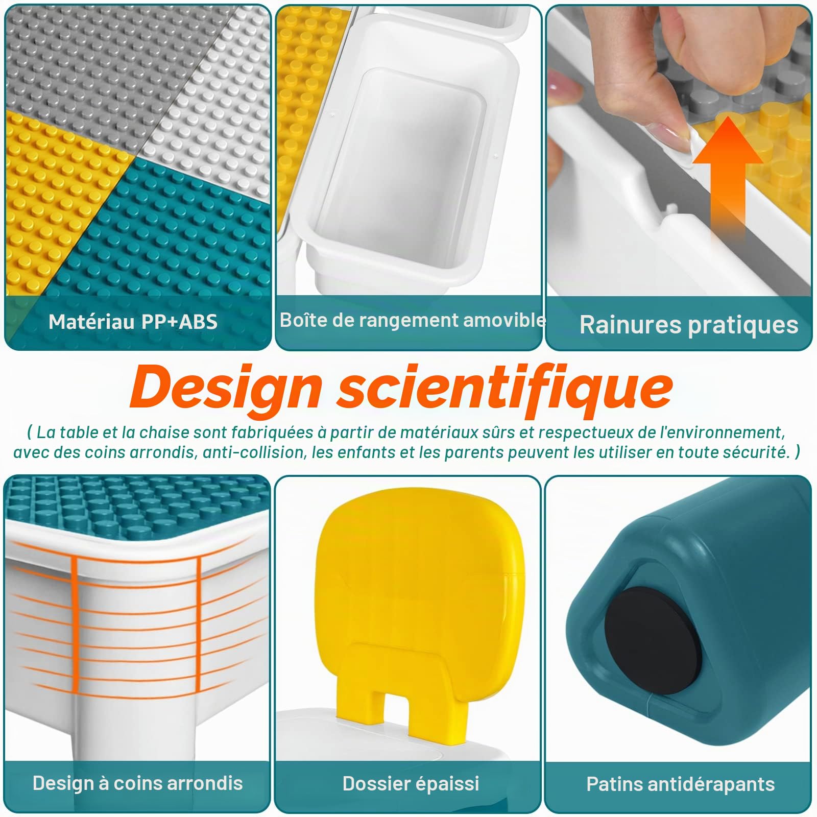 Aufun Ensemble Table et chaises réglables en Hauteur pour Enfants 6 en 1 Table de Jeu Blocs de Construction,Grand Ensemble Blocs de Construction multifonctionnels avec 163 Blocs de pièces,2 chaises