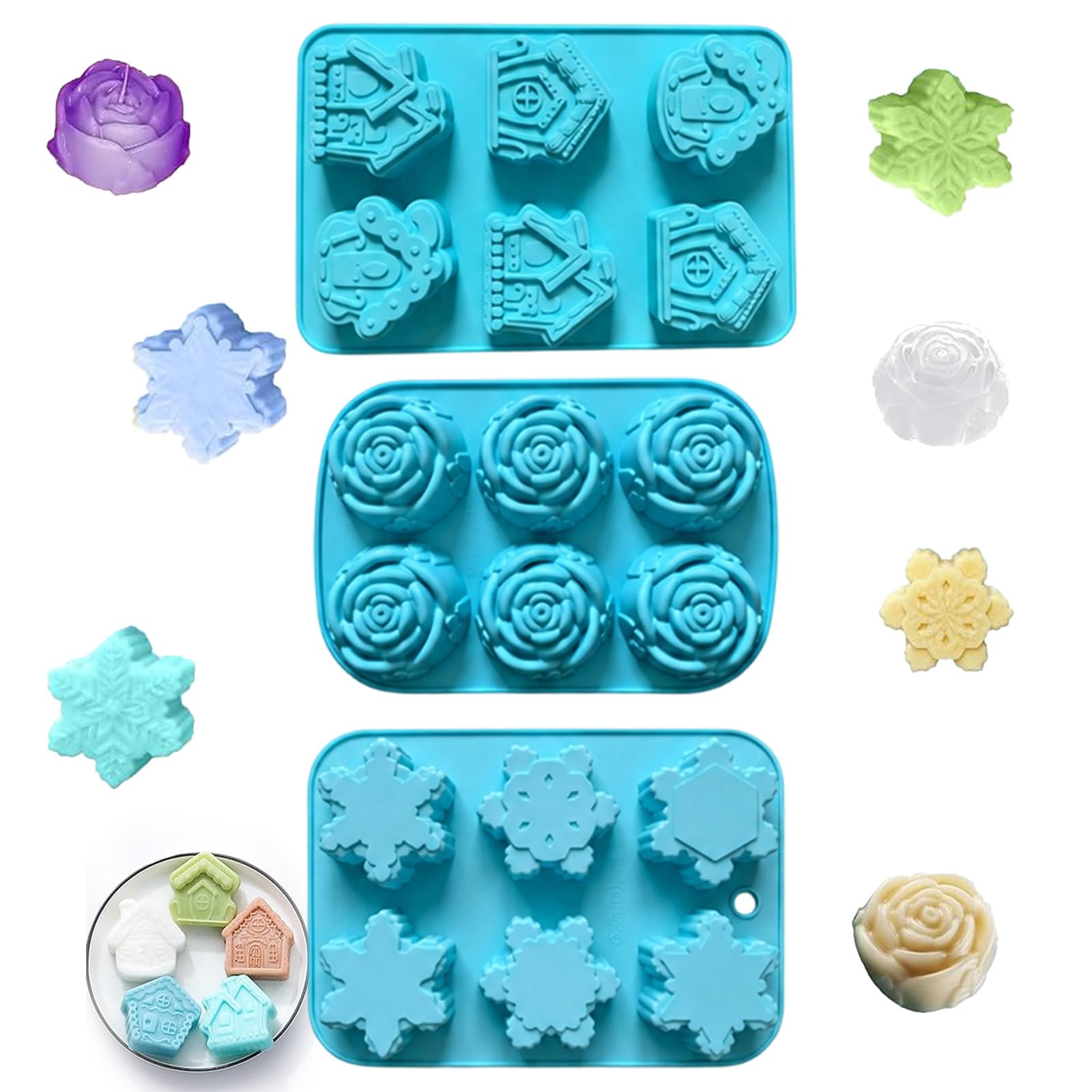 3Pcs Chocolate Mould Silicone, Soap Moulds for Soap Making, 6 Cavity 3D Shapes Set for DIY Crafts, Reusable Food Grade Silicone Mould for Home Baking and Creative Projects, Snowflake Flower House Designs-image-12