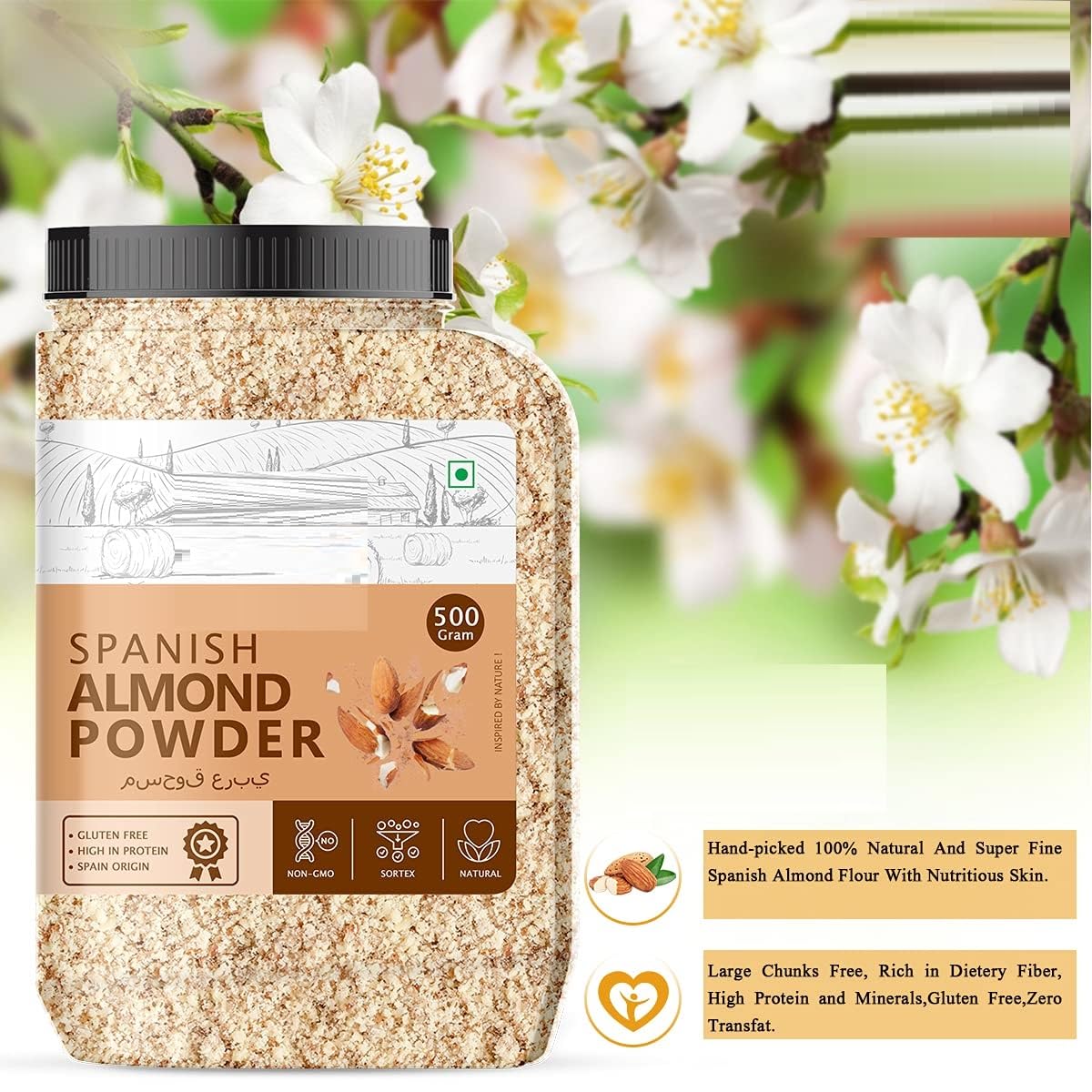 17.63oz Fine Spanish Almond Flour - Keto & Gluten-Free Baking Flour, Low Carb, High Protein, Badam Powder for Macarons, Cookies, Cakes & Keto-Friendly Indian Recipes (Pack of 1, 500g)