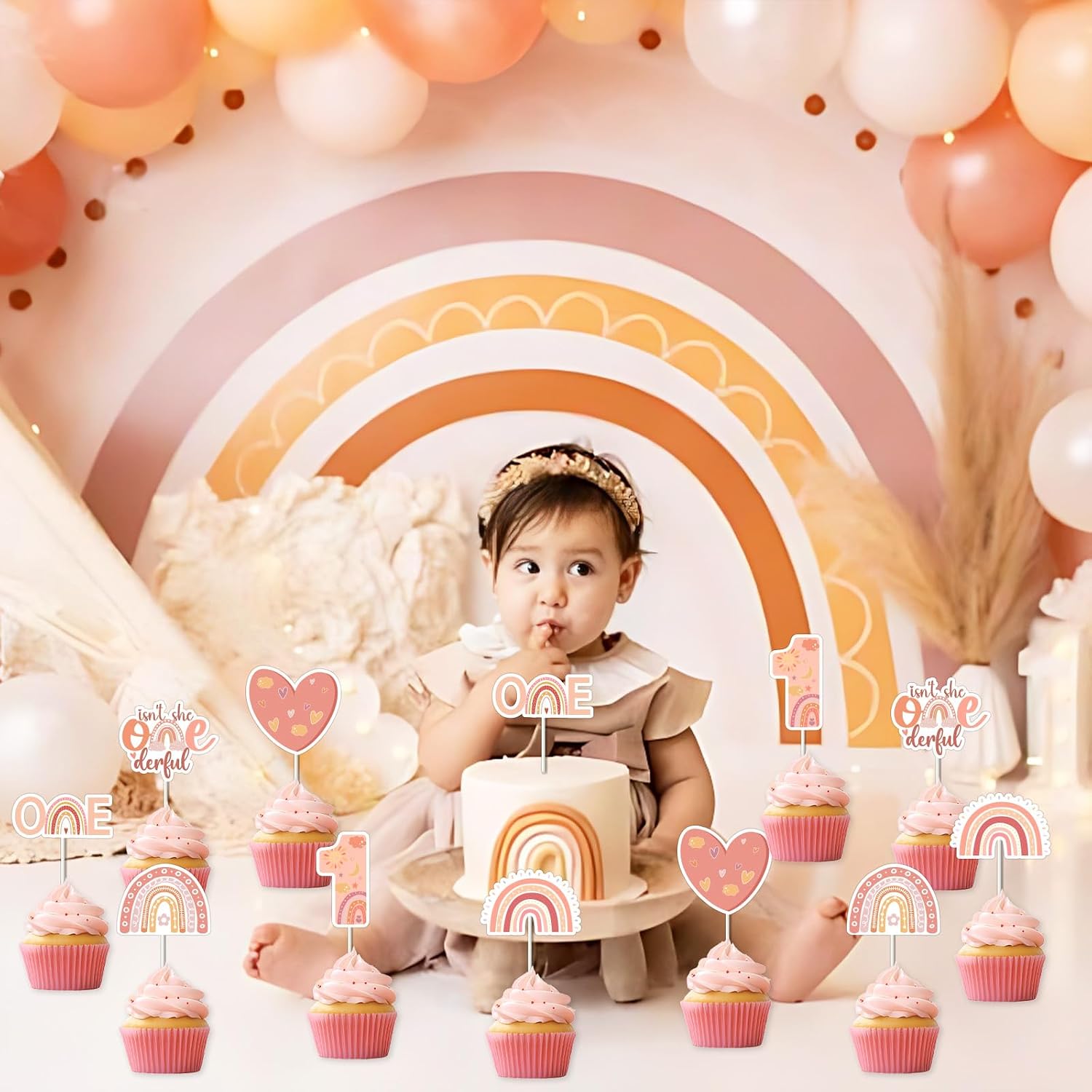 36Pcs Boho Rainbow 1st Birthday Cupcake Toppers for Girl, Bohemian Rainbow Isn't She Onederful Cupcake Picks for Boho First Birthday, Groovy Hippie Party Decorations Supplies