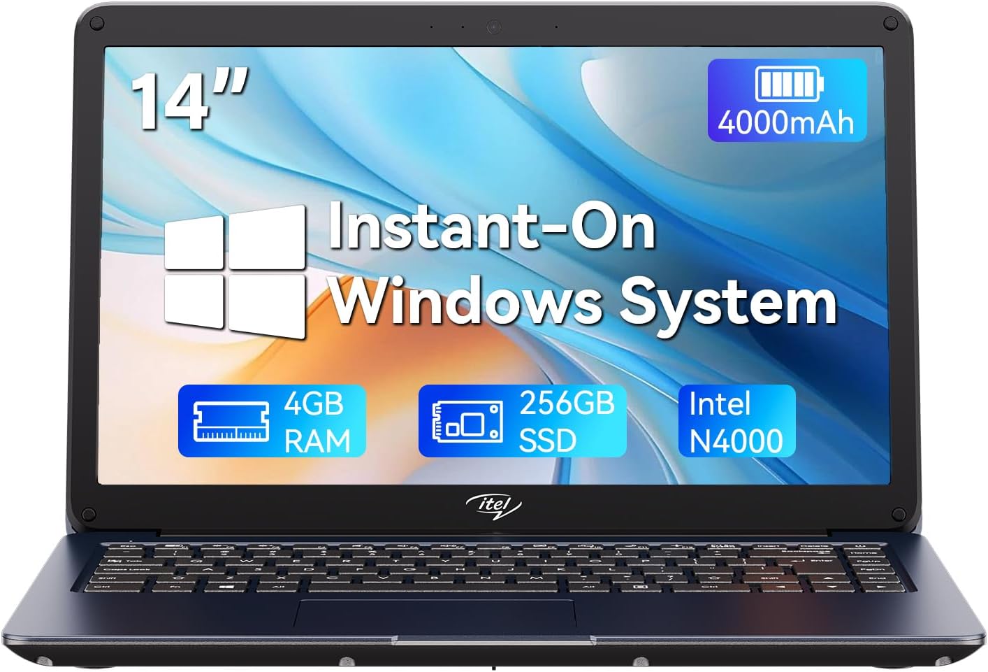 Itel 14 inch Laptop Computer - Celeron N4000 (Dual-Core), UHD Graphics 600, 4GB RAM 256GB SSD, 14" Micro-Edge HD Display, Ultra Slim, 4000 mAh Long Battery Life, HDMI, 2.4G/5G WiFi