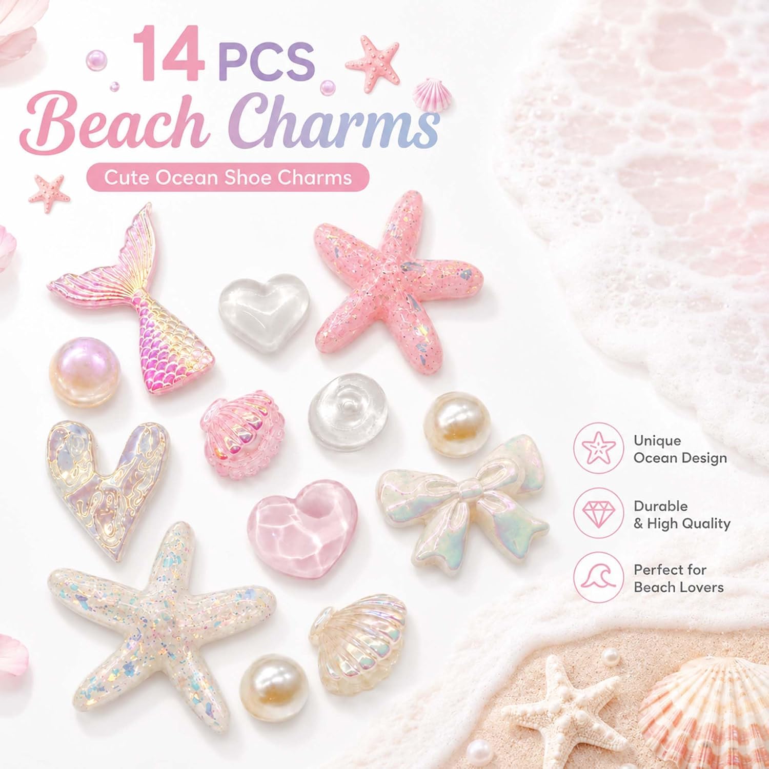 14 Pcs Beach Bling Shoe Charms for Sandal, Cute Seashell Charm Shoe Jewels DIY Shoe Accessories, Ocean Party Favors