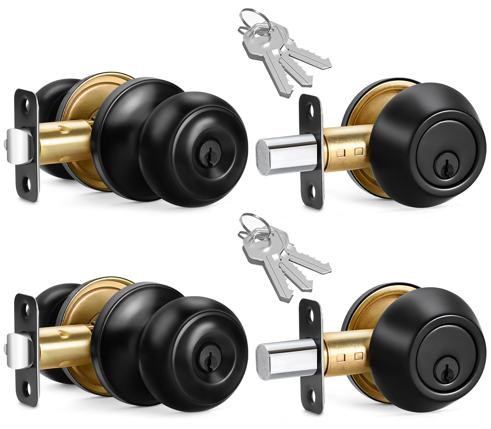 2 Sets Entry Door Knob and Single Cylinder Deadbolt Combo Set, Keyed Alike Round Ball Matte Black Exterior Door Knobs with Lock and Keys for Entrance