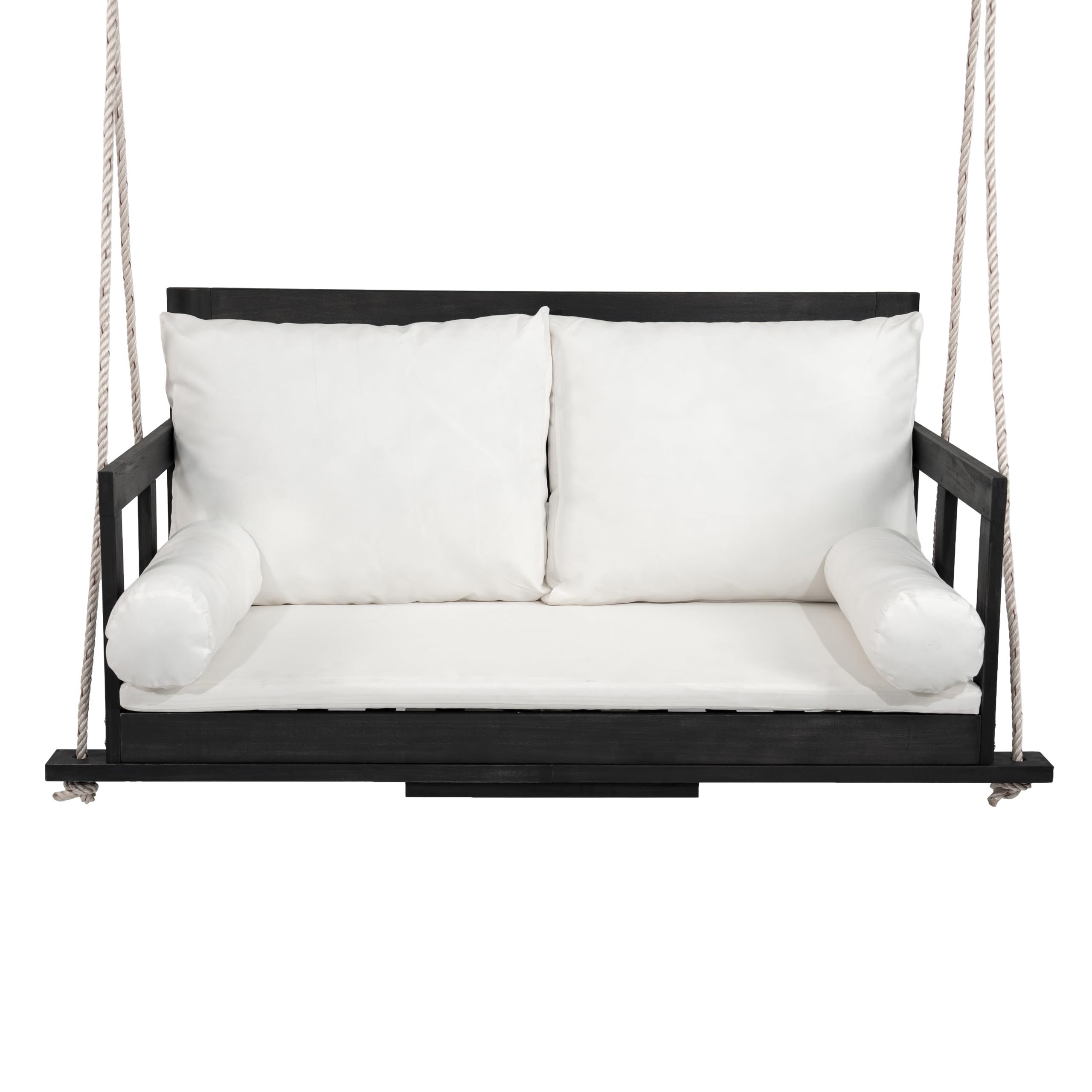 Asiento doble de columpio para jardín al aire libre, columpio colgante con cojín y dos cuerdas, cojín extraíble y lavable, de madera de acacia, color negro y beige