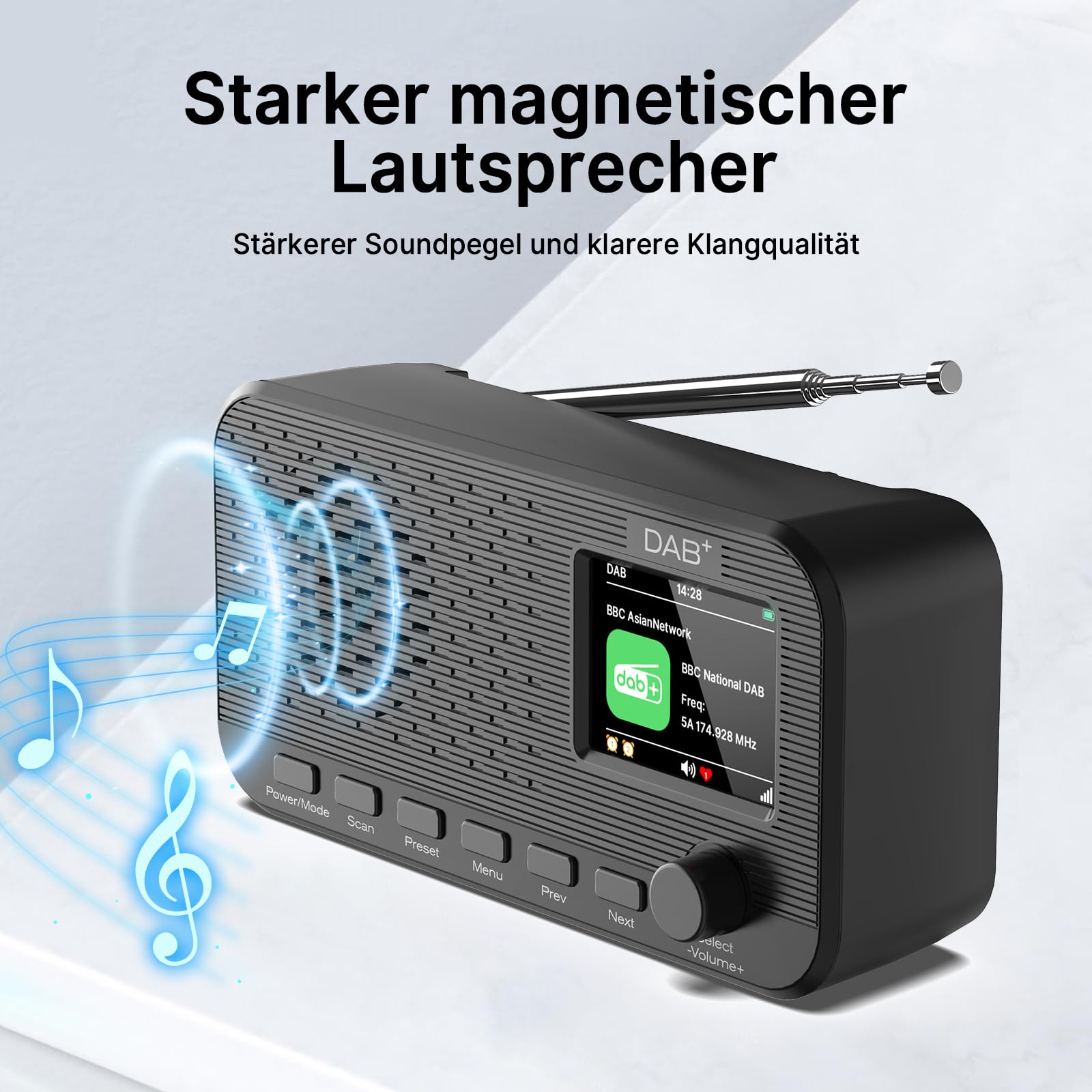 DAB Radio mit Bluetooth, wiederaufladbares UKW-Digitalradio, Radios batteriebetrieben, tragbares DAB+ Radio, Küchenradio mit 80 Voreinstellungen, 2,4-Zoll-Farbdisplay, Dual-Wecker, Sleeptimer