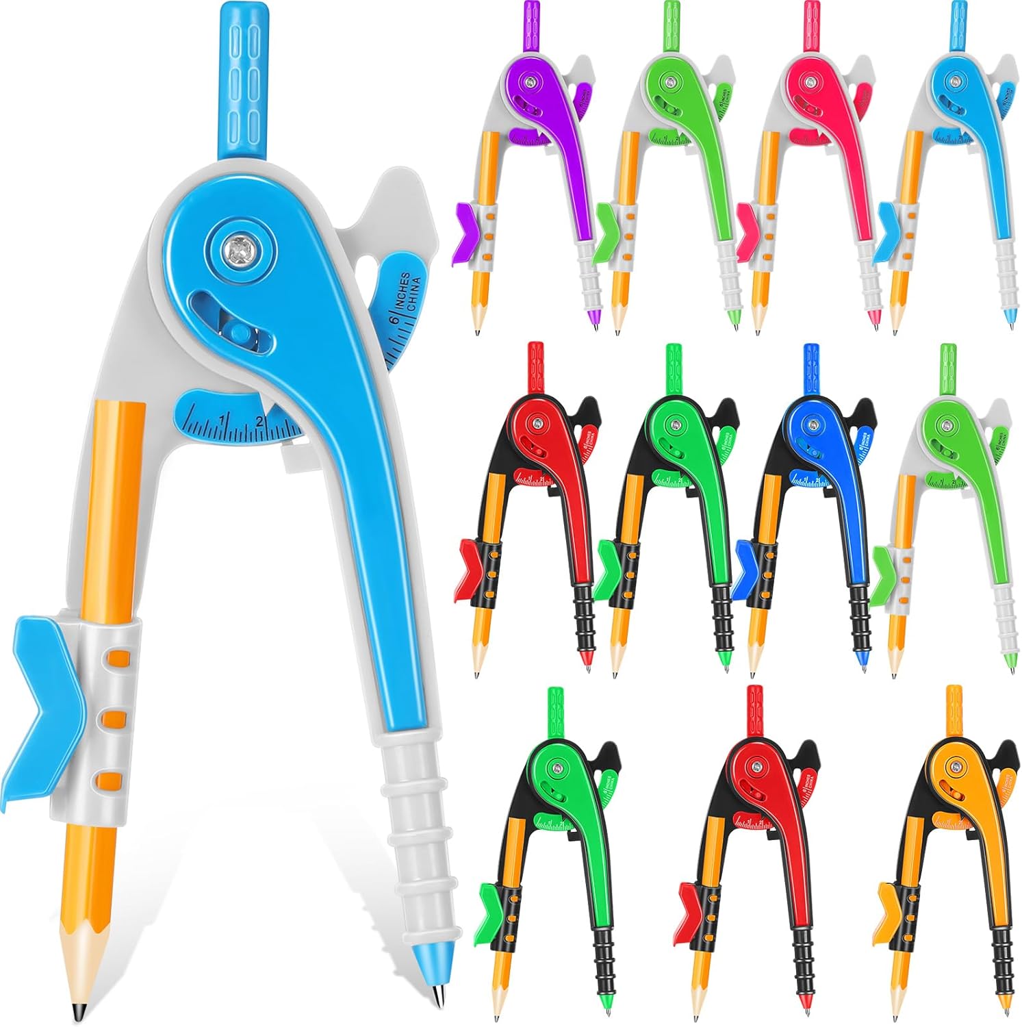Zonon Student Math Geometry Compass Bulk 6 Inch Plastic Drawing Compass with Pencils Bright Color Precision Tool Back to School Supplies(48 Pcs)