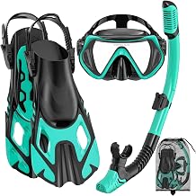 Snorkeling Gear Set for Adults Dry Top Snorkel Set, Panoramic Anti-Fog Mask, Adjustable Swim Fins Travel Diving Kit with Storage Bag