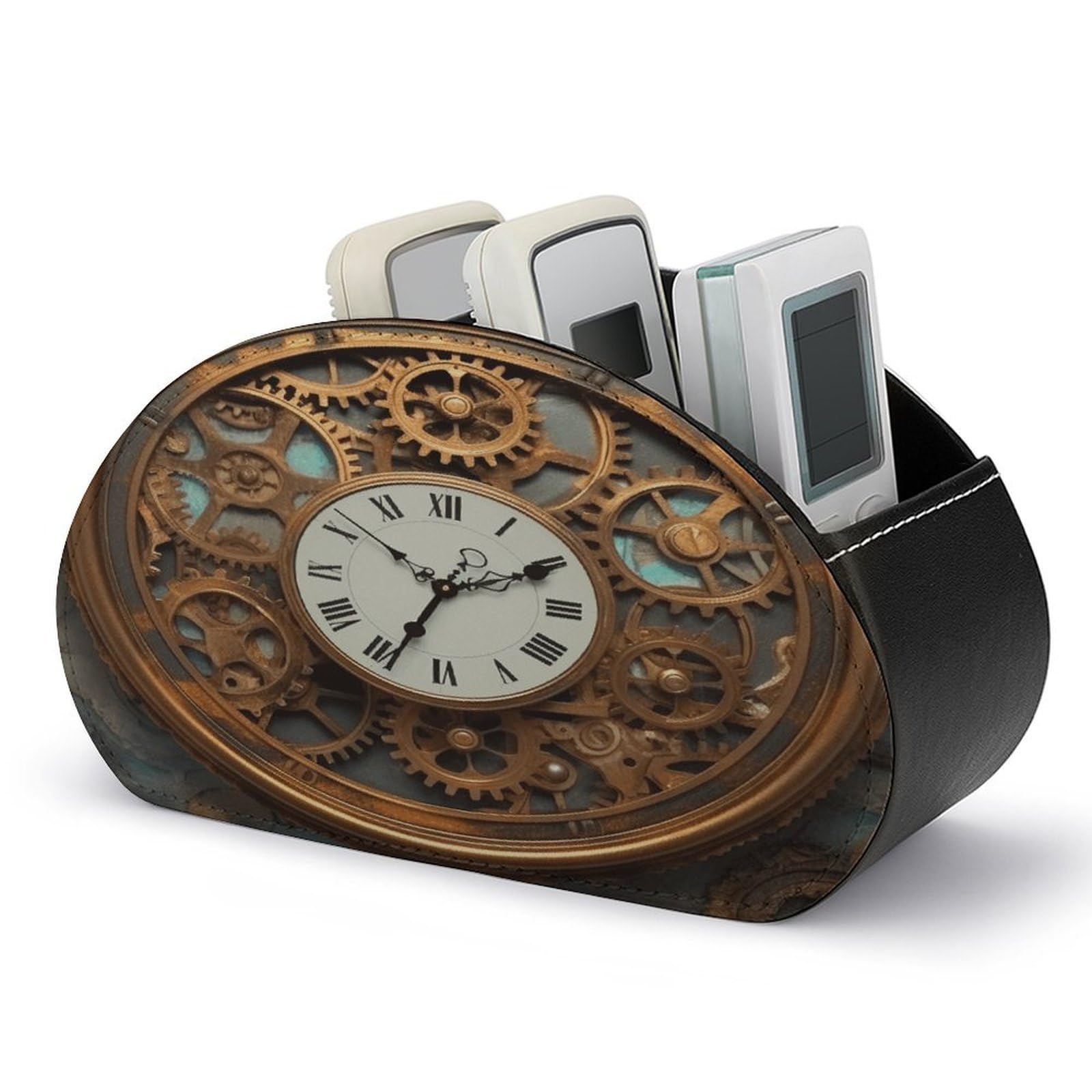 VstaDank Rusty Steampunk Clock Remote Control Holder with 5 Compartments PU Leather TV Remoter Caddy Desktop Organizer TV Remote Holder Remote Box for Media Controllers Office Supplies