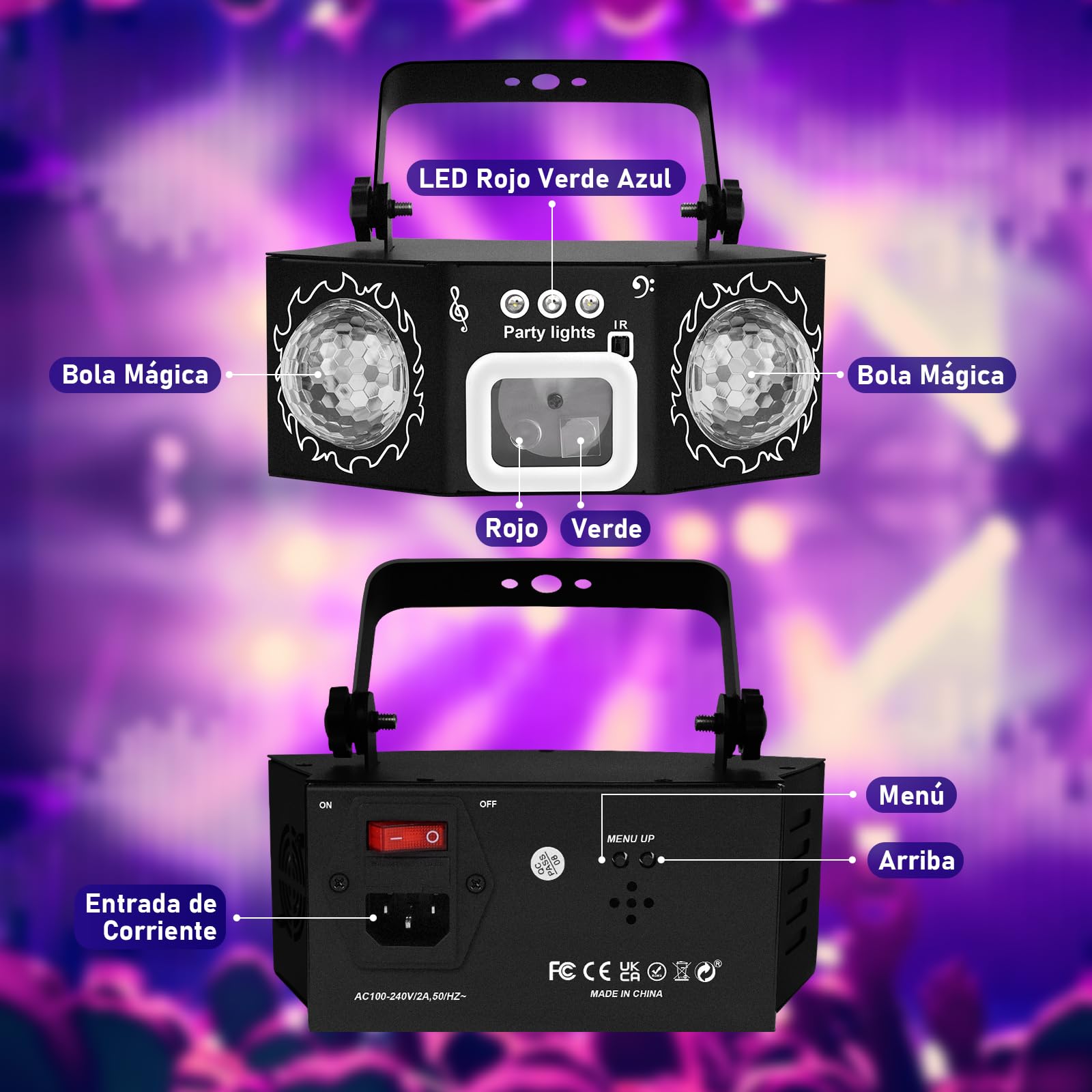 Luces Discoteca con 2 Bolas de Discoteca – Luces RGB Sound Activadas, Luz de Escenario para DJ, Club, KTV, Fiestas de Navidad