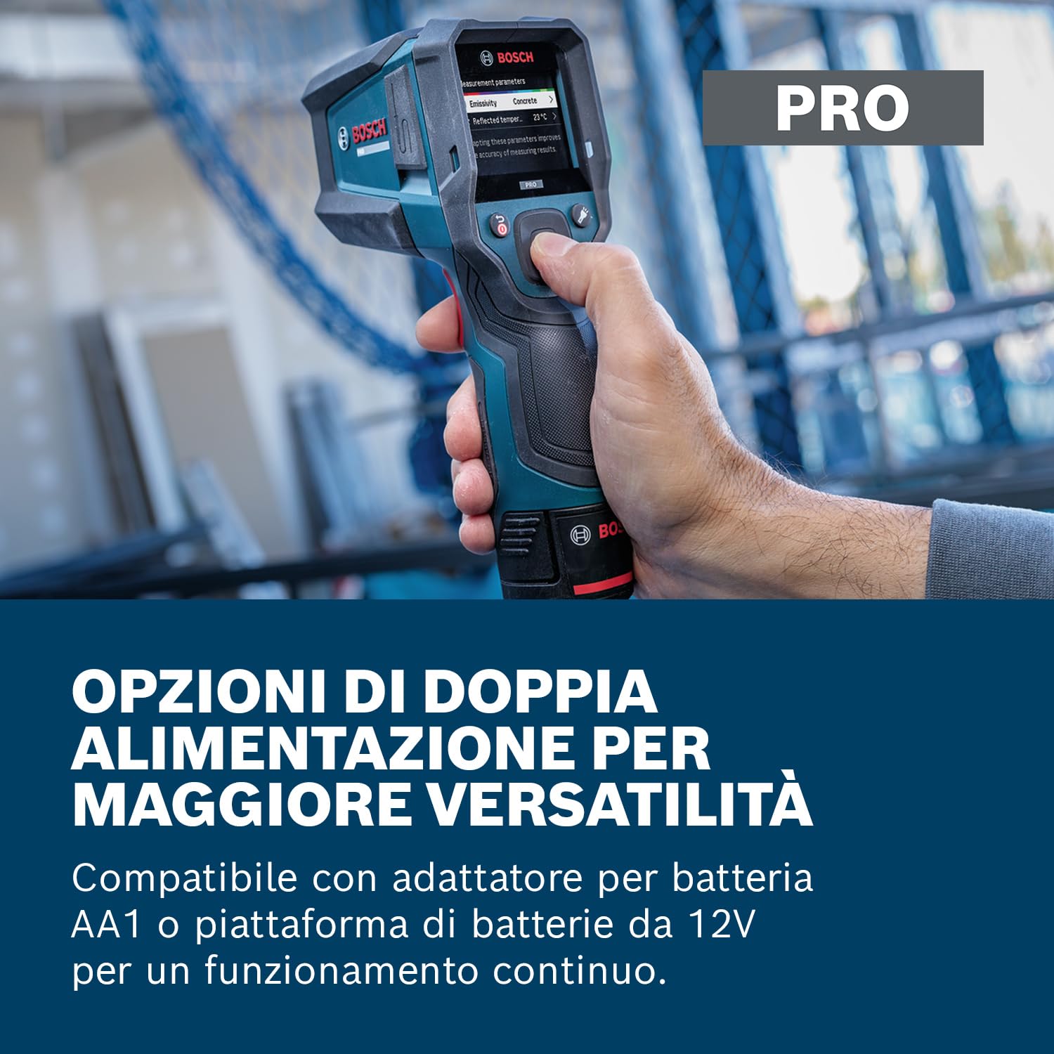 Bosch PRO Termometro a Infrarossi GIS12V‑800‑16 (grande display, interfaccia Tipo K con sonda di superficie, rapporto 20:1, IP54, incl. batteria e caricabatteria)