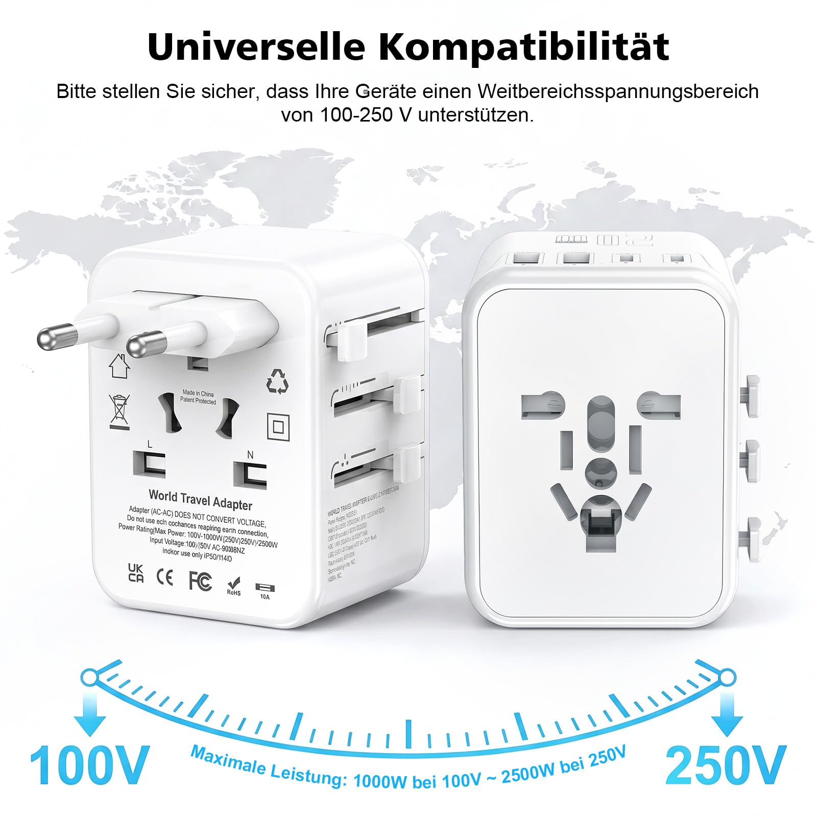 Adattatore da viaggio in tutto il mondo, spina da viaggio universale con 2 USB A e 2 USB C, adattatore per presa internazionale, adattatore universale per Inghilterra, Stati Uniti
