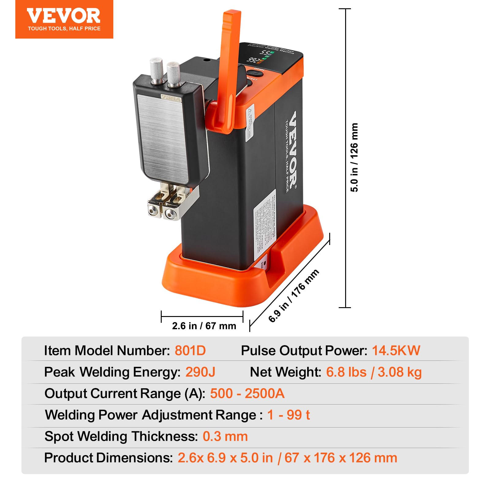 VEVOR Soudeuse par points pour batterie 801D, condensateur 14,5 kW, soudeur à impulsion stockage d'énergie, stylo de soudage 73B 2 modes, nickel pur 0,1-0,3 mm
