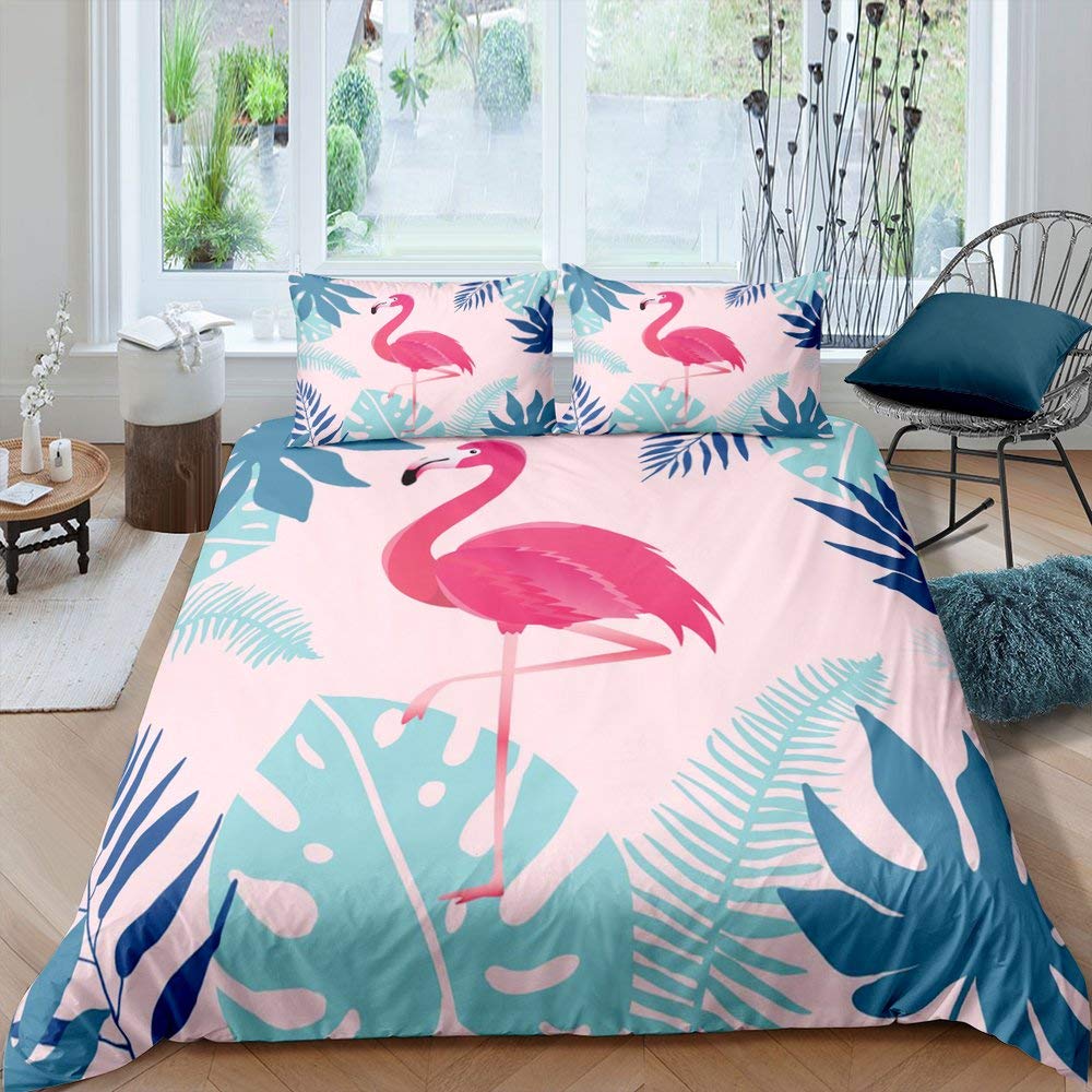 Set di biancheria da letto per bambini, ragazzi e ragazze, con lenzuolo con angoli, motivo fenicottero tropicale, con foglie tropicali, 2 pezzi (1 federa e un lenzuolo con angoli