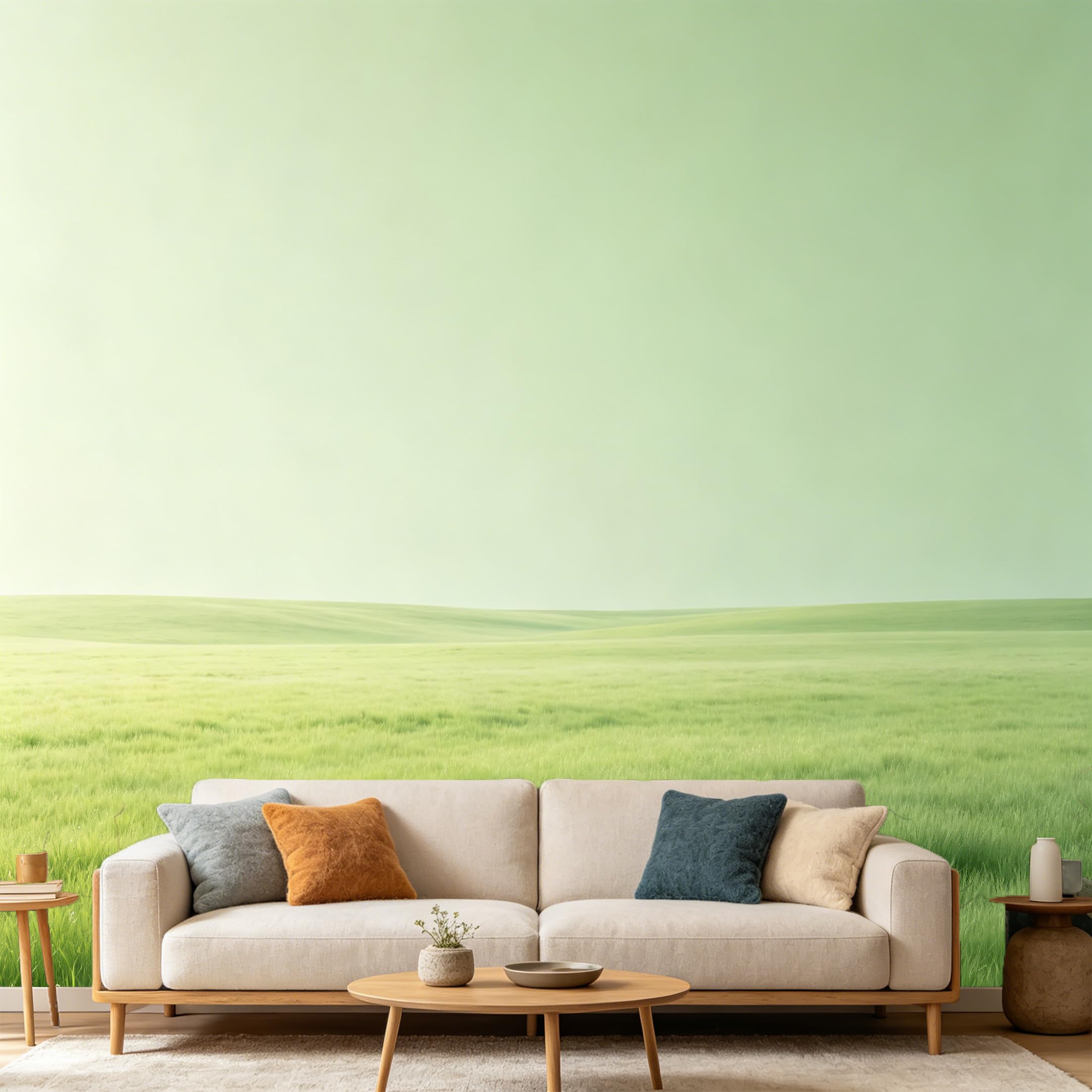Custom Size Wall Mural Minimalist Soft Green Meadow Landscape Natural Field Horizon Fresh Scenery SelfAdhesive Art Prints wall Fabric（No PVC） Removable Wallpaper Home Bedroom Decor