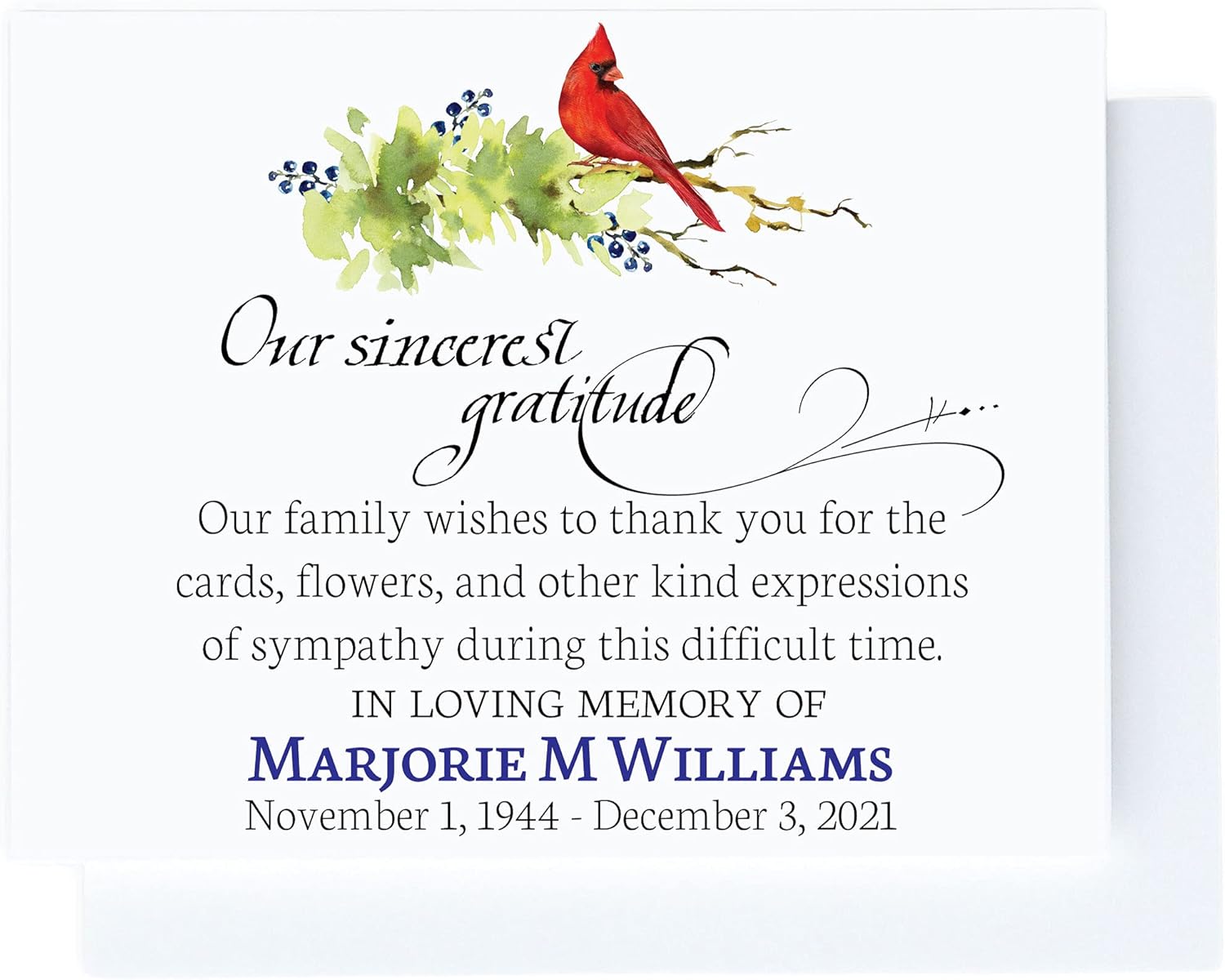Personalized Funeral Thank You Cards with Cardinal, A2 Folded Cards, Choose Quantity, Sympathy Acknowledgement Cards Red Bird, Celebration of Life Thank You Notes for Friends with Matching Envelopes