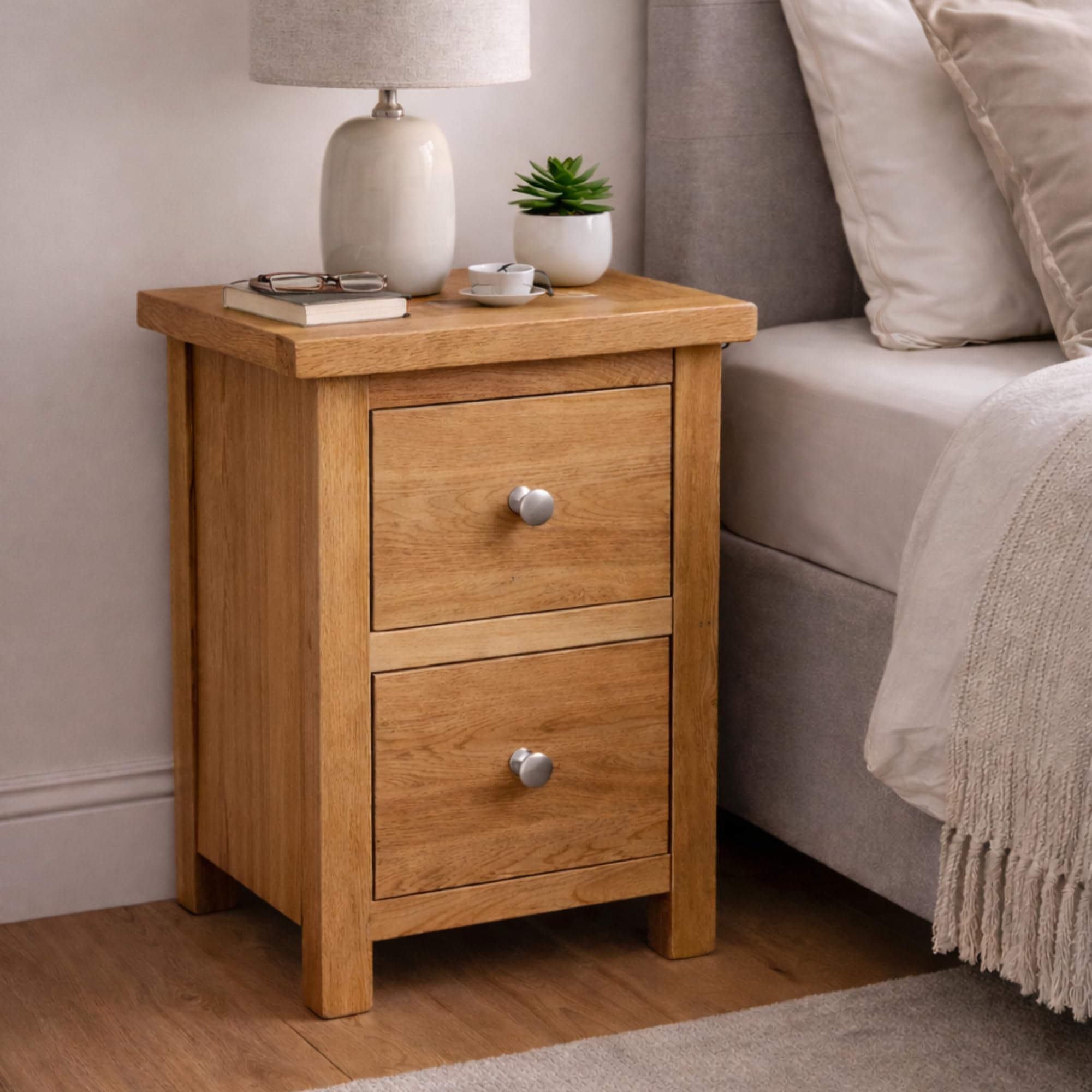 Home Furniture Group Ltd Oakcroft 2 Drawer Bedside Table – Rustic Nightstand with Round Metal Knobs – Fully Assembled Country Rustic Bedroom Cabinet