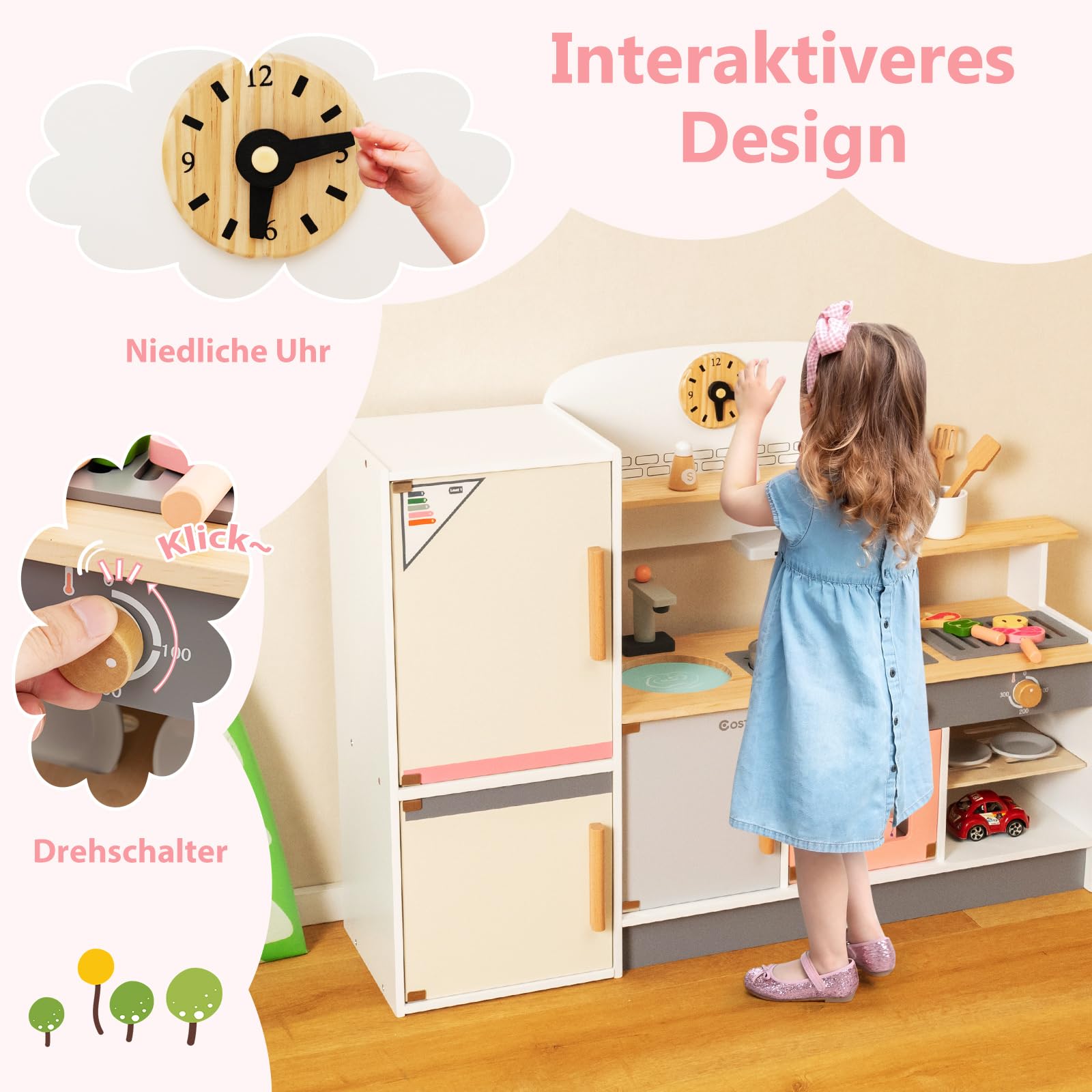 COSTWAY Kinderküche Holz, Spielküche mit Dustabzughaube, Kühlschrank, Wasserhahn & Küchenutensilien, Holzküche Spielzeugküche mit Stauraum für Kinder ab 3 Jahren