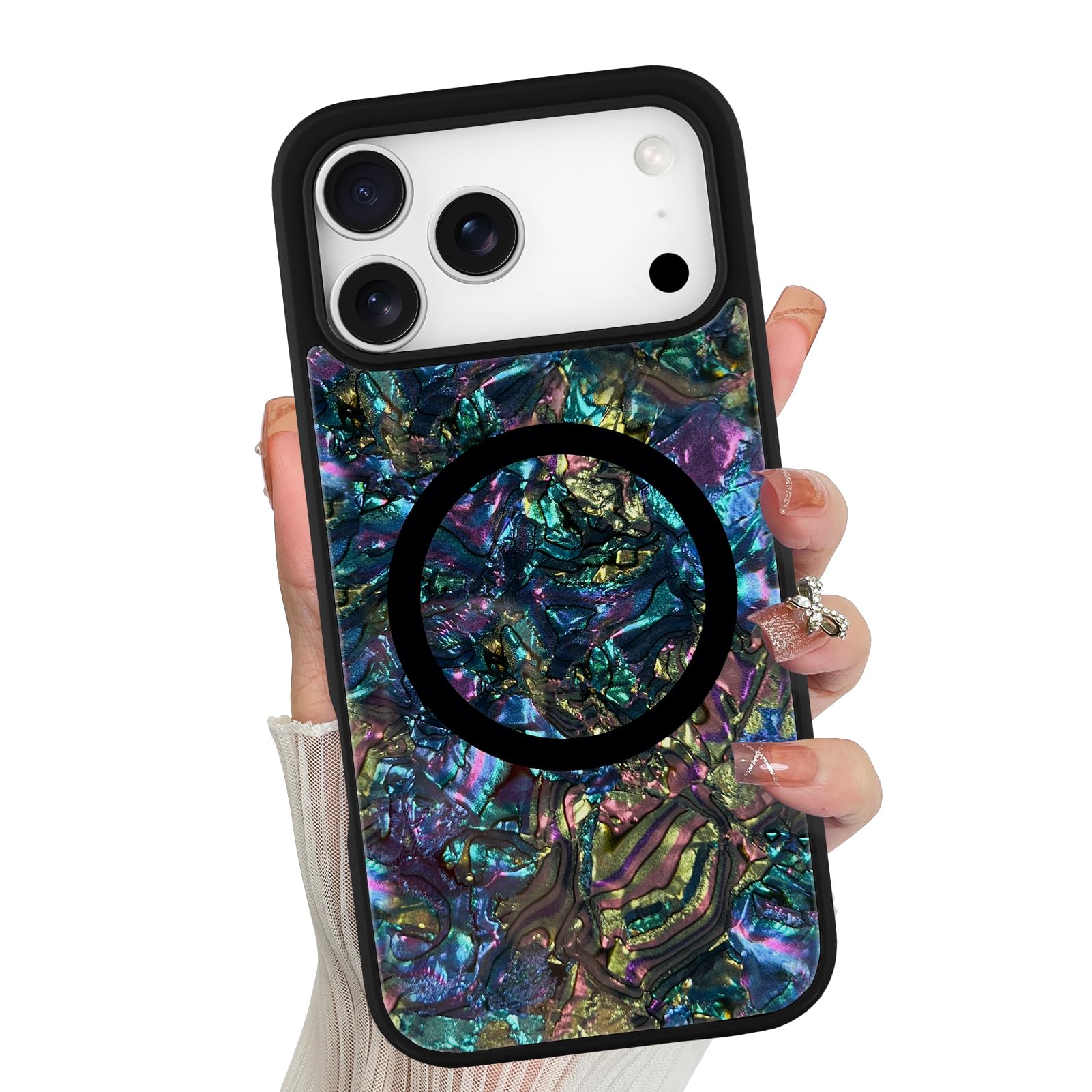 Coque magnétique pour iPhone 17 Pro Max, coque d'ormeau colorée de luxe pour homme et femme, compatible avec MagSafe, jolie coque de protection brillante et antichoc, noir classique