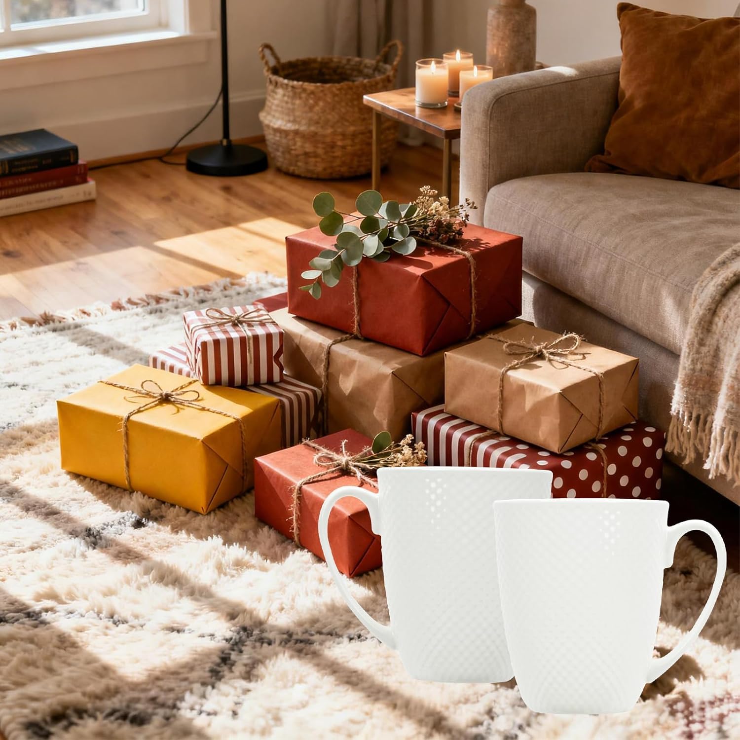 12 Oz White Coffee Mugs Set of 2, Fine Bone China Mugs, Ceramic Coffee Cups Set, Rhombus Relief Texture, Lightweight Tea Mugs for Latte, Hot Cocoa, Women, Men - Image 7