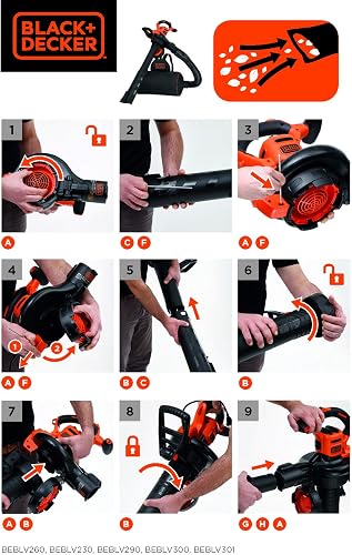 Black+Decker 3-in-1 electric leaf blower/leaf blower BEBLV301 (3,000 watts, with shredder+attachable leaf rake, 72l collection bag backpack - high blowing speed & adjustable suction power) - 13