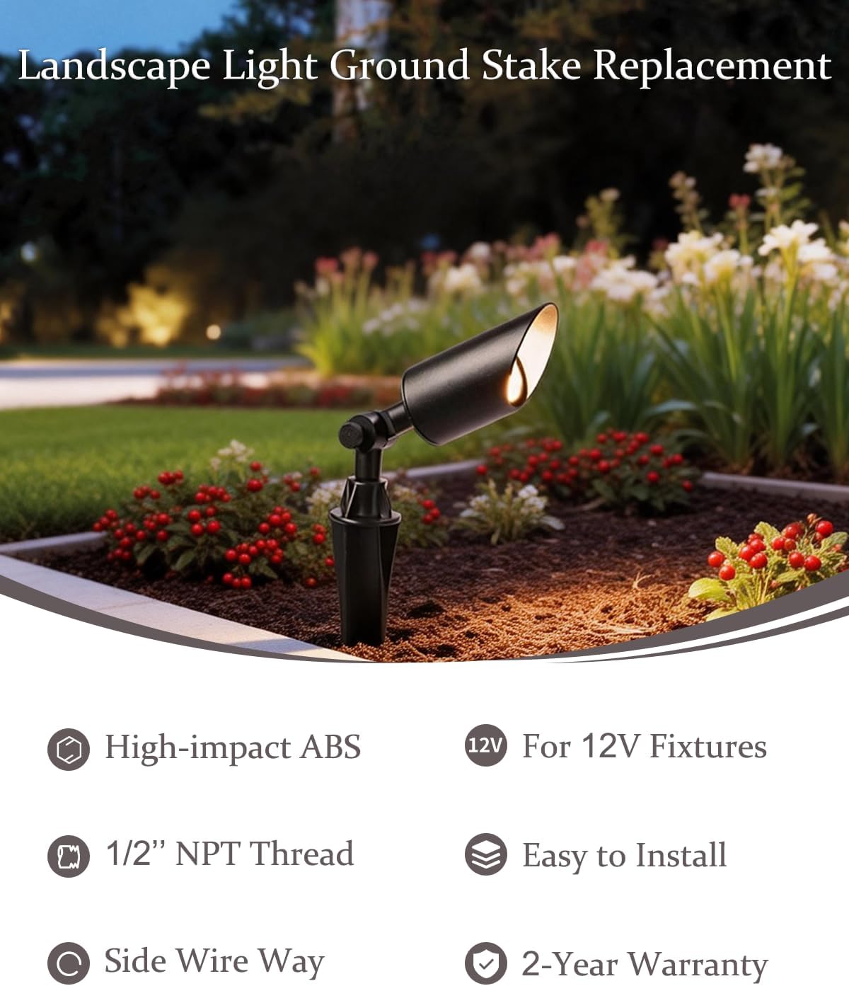 4 Pack Landscape Light Stakes, 1/2" NPT Thread ABS Ground Stakes, Outdoor Light Spikes with Side Wire Way, Garden Yard Replacement Stake for Low Voltage Spotlights Path Lights Flood Lights - Image 2