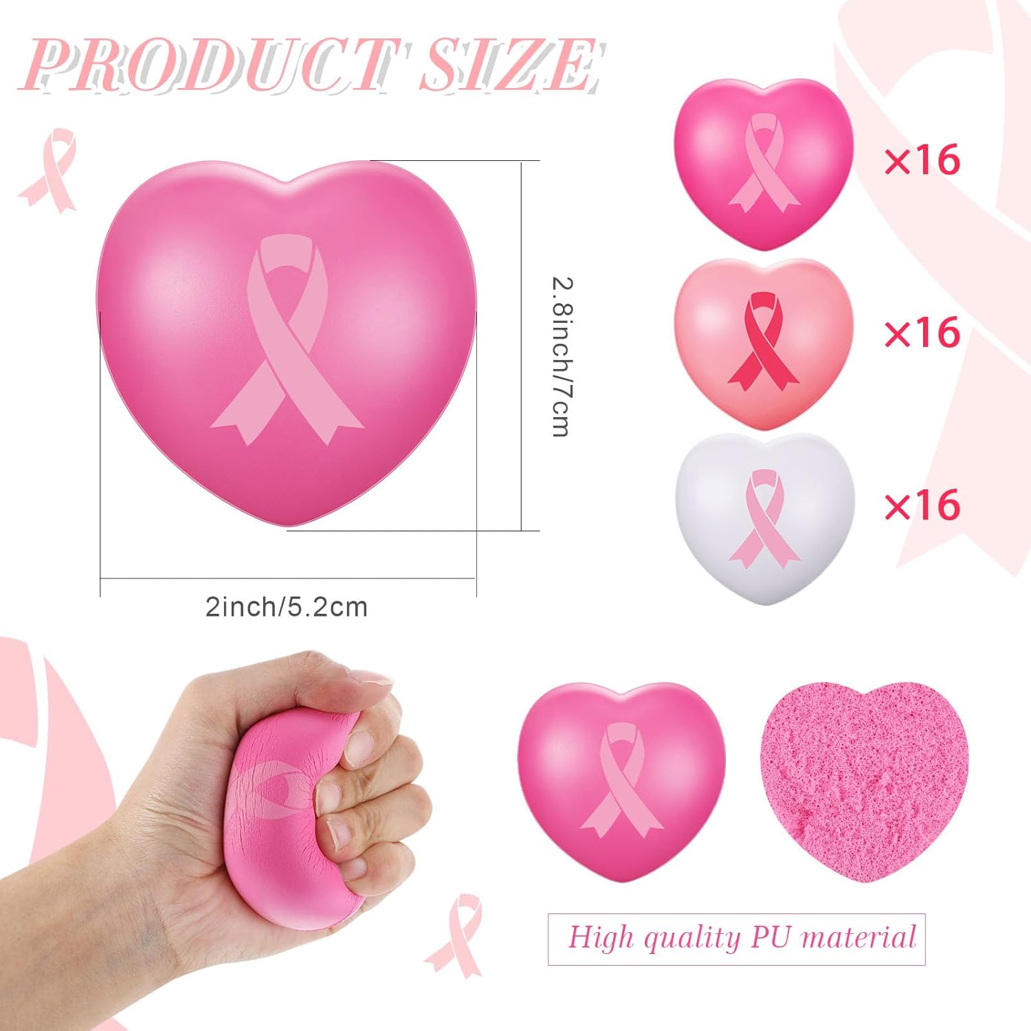 Wettarn 48 Pcs 2.8 Inch Breast Cancer Awareness Pink Ribbon Stress Balls Gifts Bulk for Breast Awareness Gifts Accessories Stress Relief Decorations for Women (Heart Style)