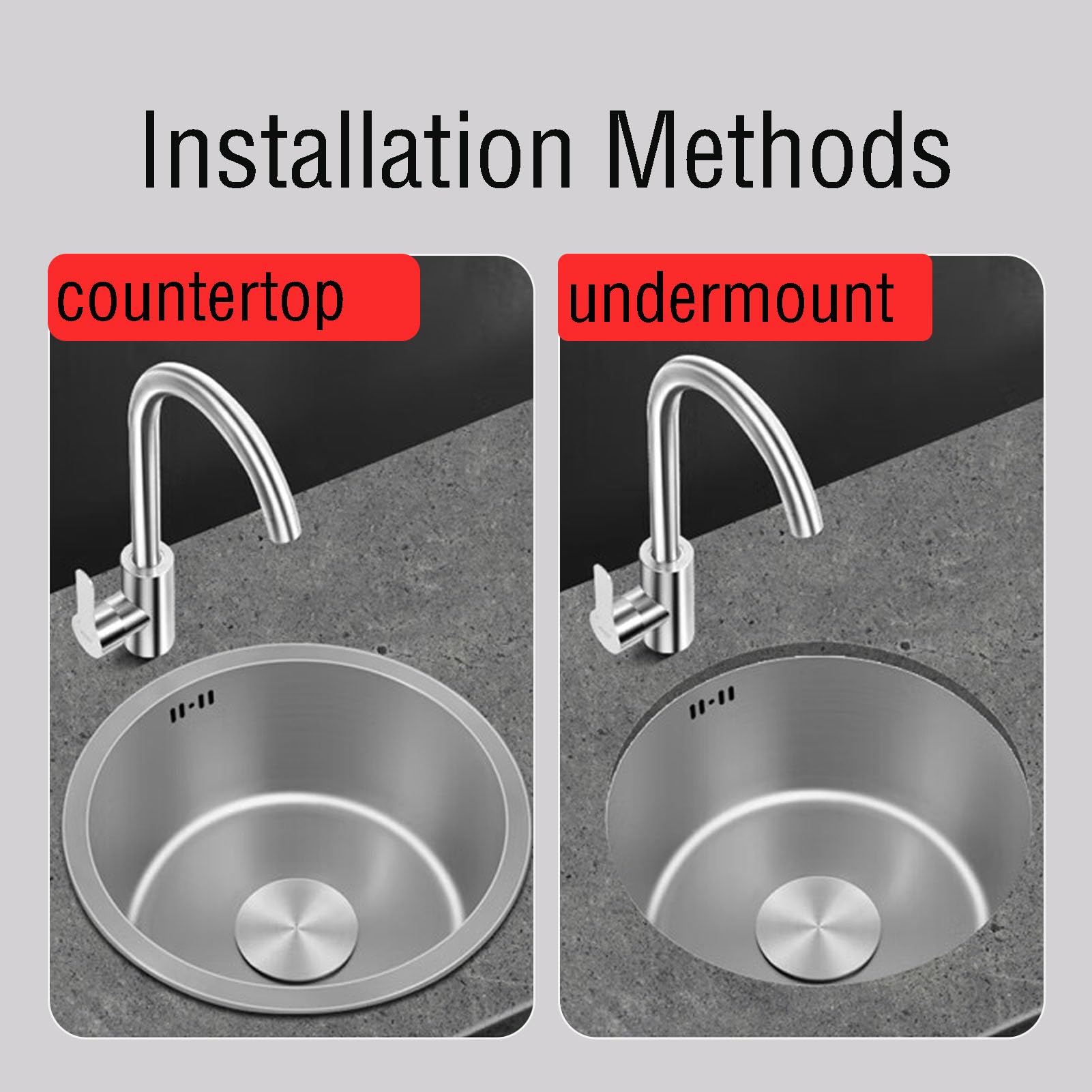 Hello - Fregadero de cocina redondo gris inox con juego de drenaje, instalación superior/inferior (Ø 42 cm), perfecto para cocinas modernas