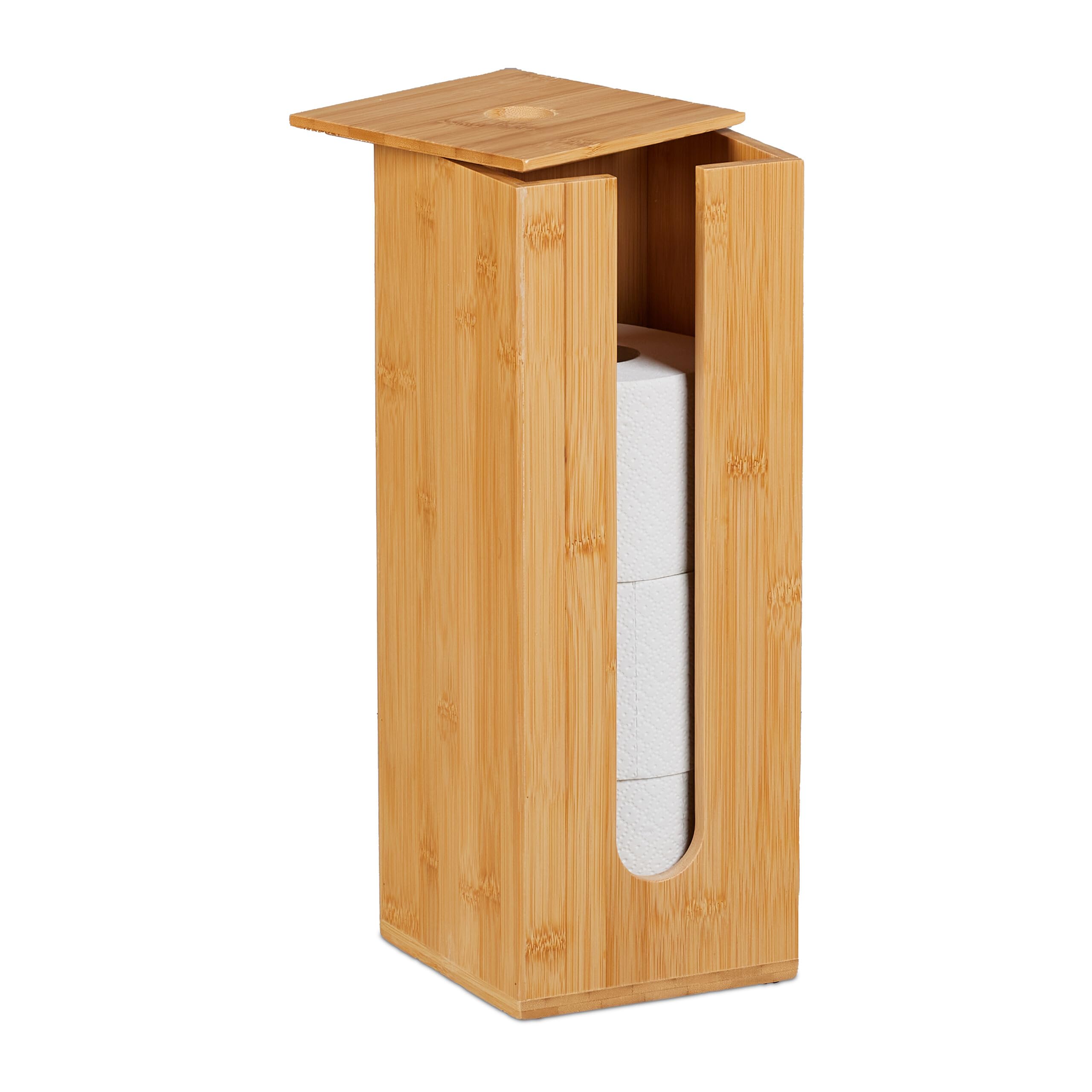 Relaxdays Toilet Paper Holder, for 4 Rolls, Freestanding Design, Bamboo, HxWxD: 40.5x15x15 cm, Bathroom Storage, Natural, Fibreboard, Silicone