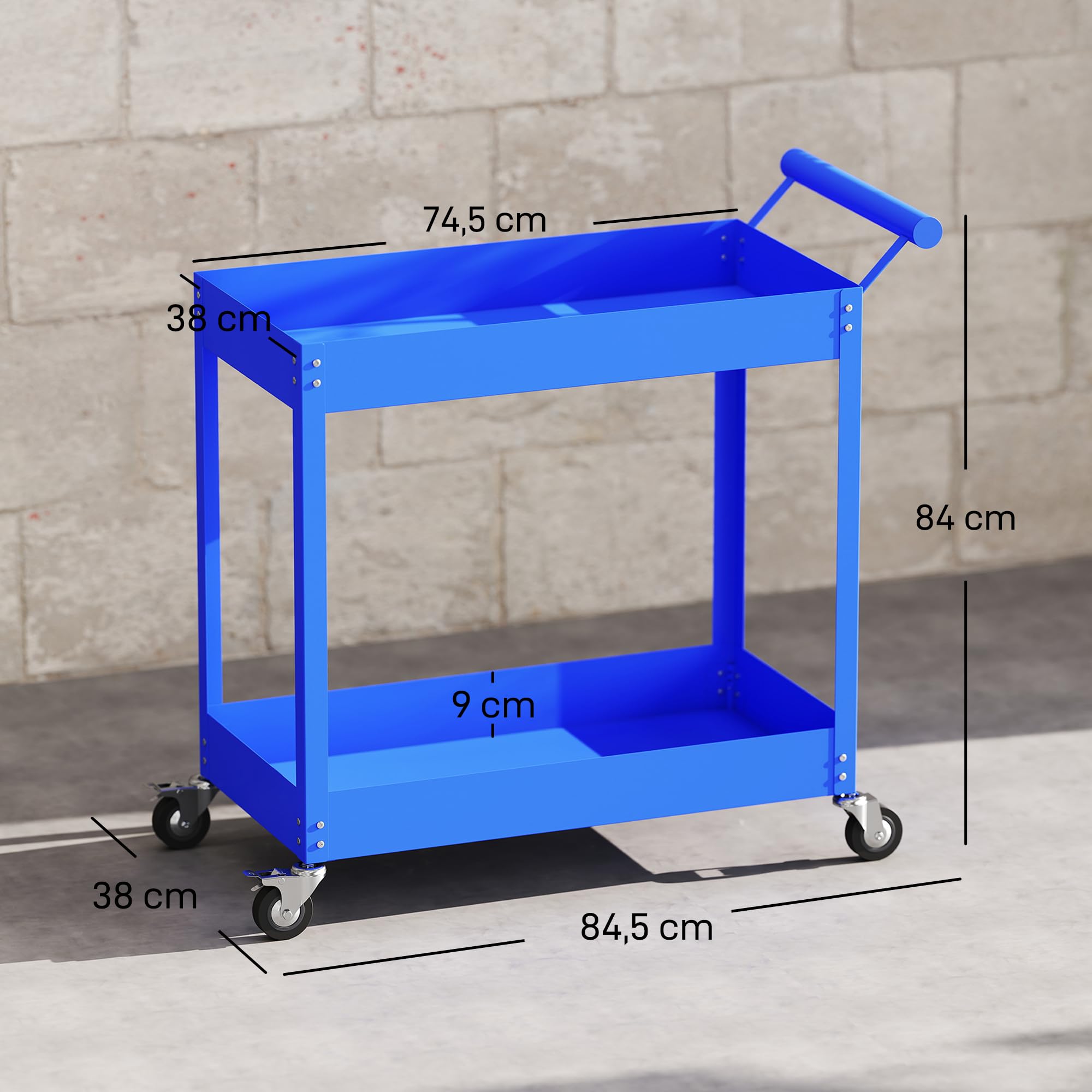 DURHAND Carrello da officina per officina, carrello per attrezzi a 2 livelli, maniglia laterale e ruote bloccabili, per garage, magazzino, utensili fai da te, carico 150 kg, 84,5 x 38 x 84 cm, blu