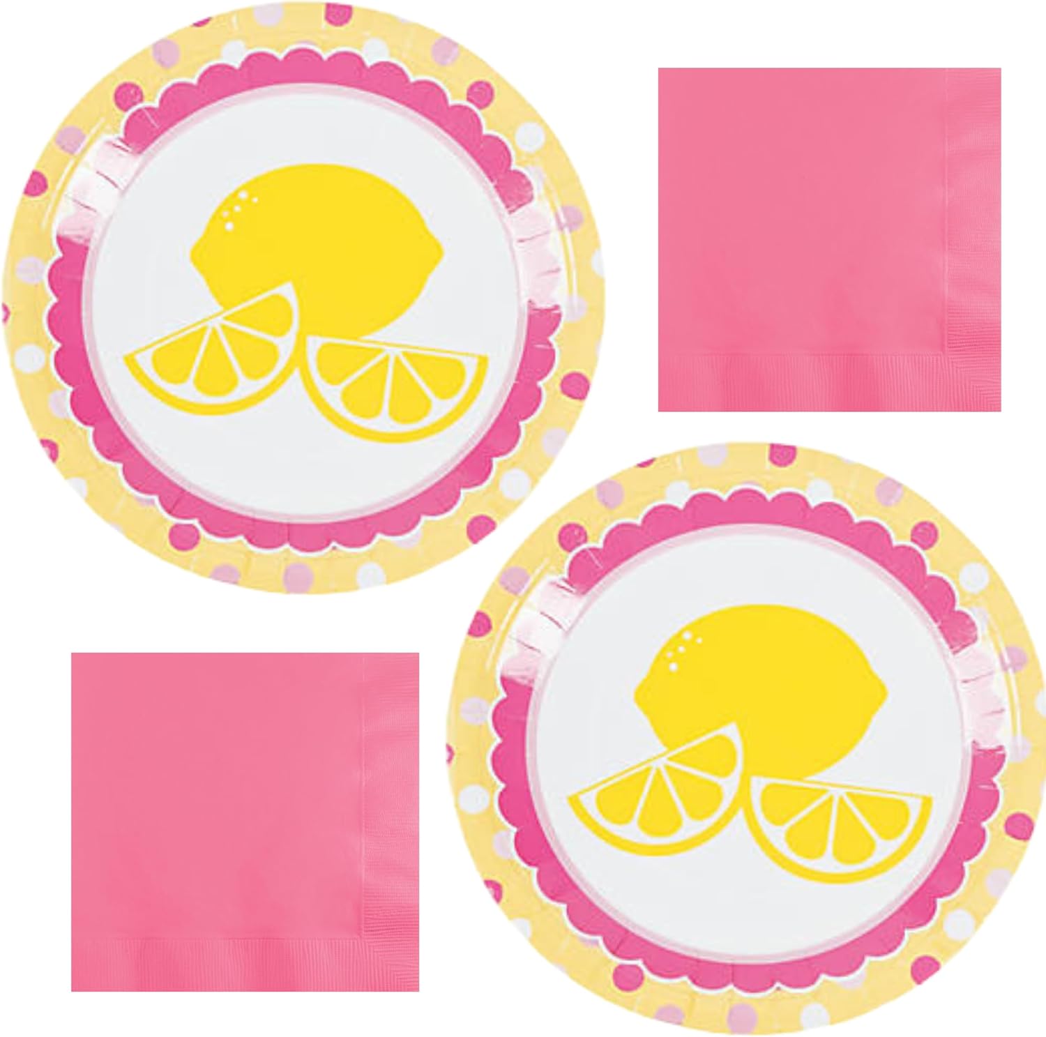 Lemon Party Supplies - Pink Lemonade Lemon Slice Paper Dinner Plates and Beverage Napkins (Serves 16)